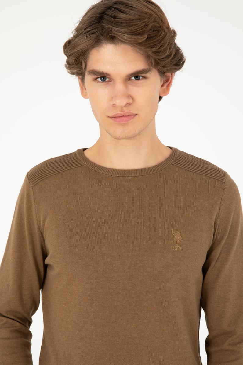 Erkek Slim Fit Bisiklet Yaka Haki Melanj Basic Kazak