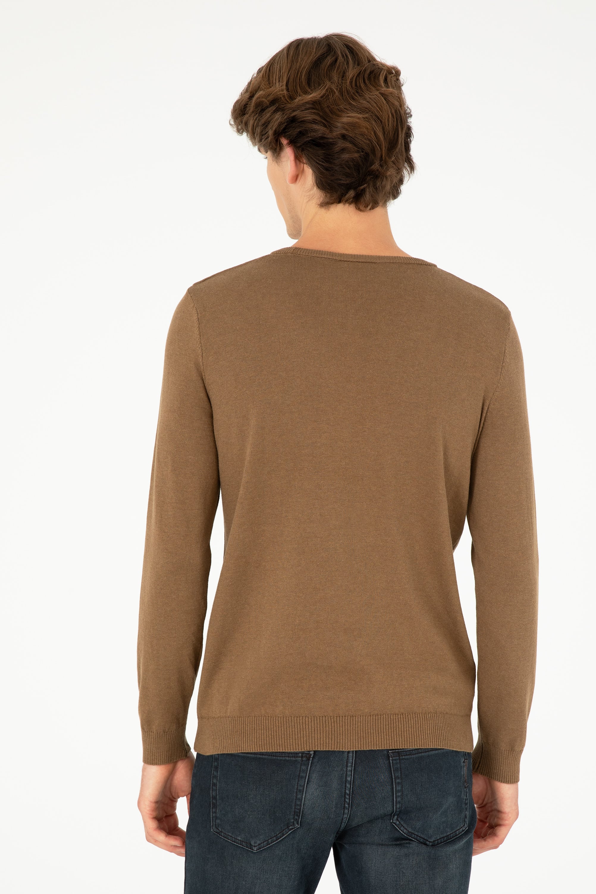Erkek Slim Fit Bisiklet Yaka Haki Melanj Basic Kazak - Image 5