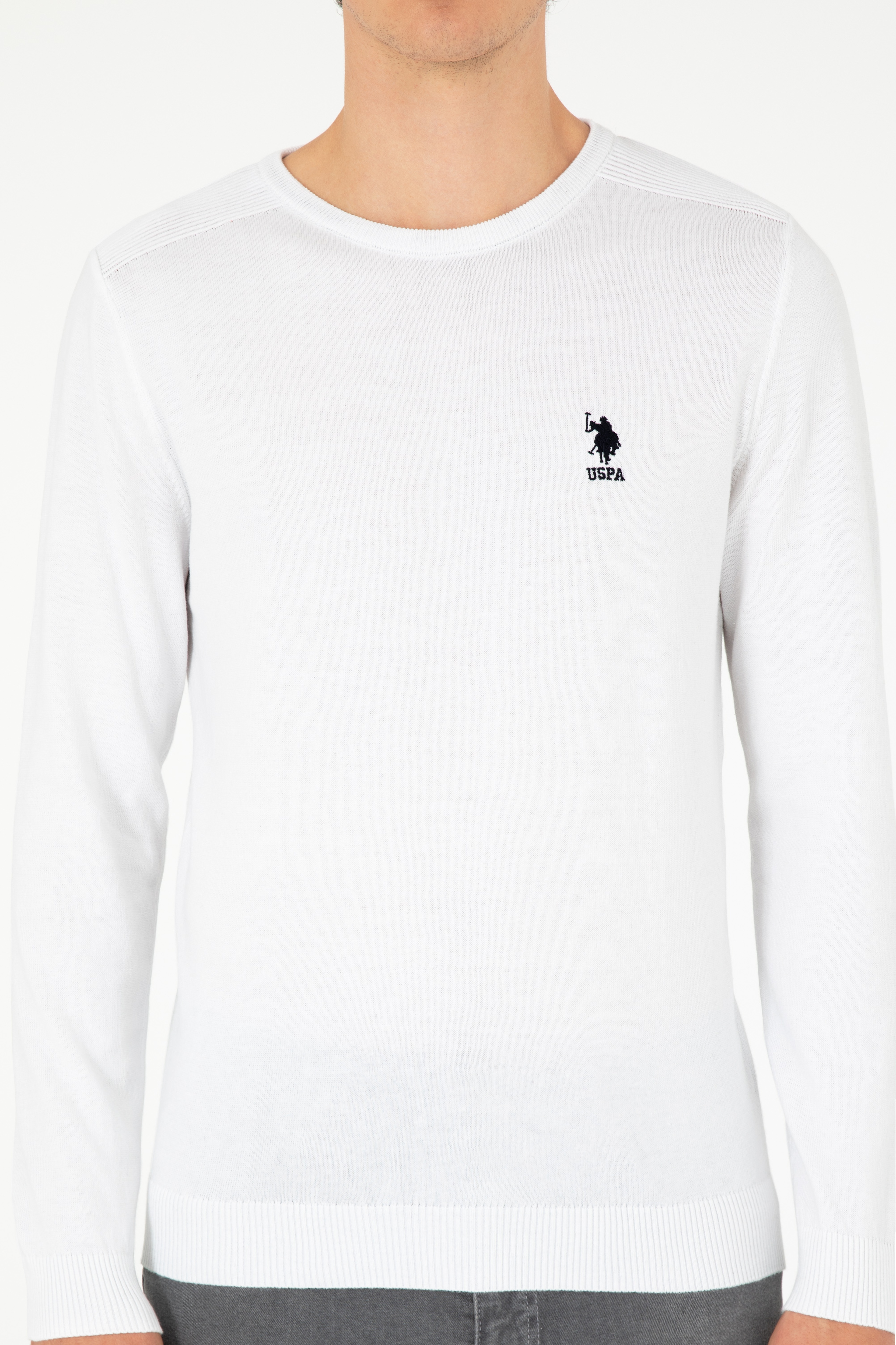 Erkek Slim Fit Bisiklet Yaka Beyaz Basic Kazak