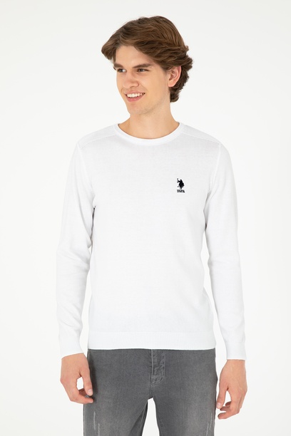 Erkek Slim Fit Bisiklet Yaka Beyaz Basic Kazak