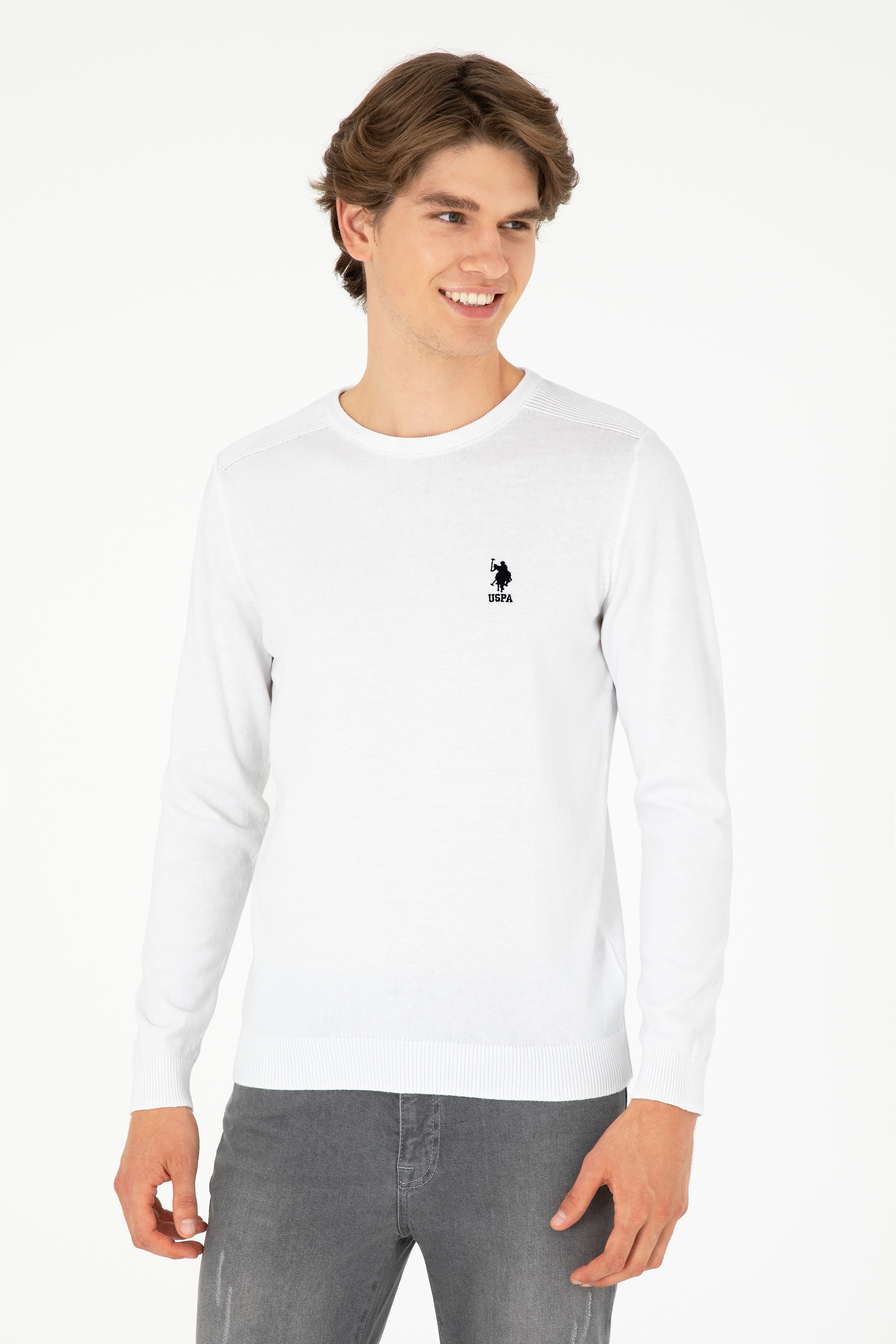 Erkek Slim Fit Bisiklet Yaka Beyaz Basic Kazak
