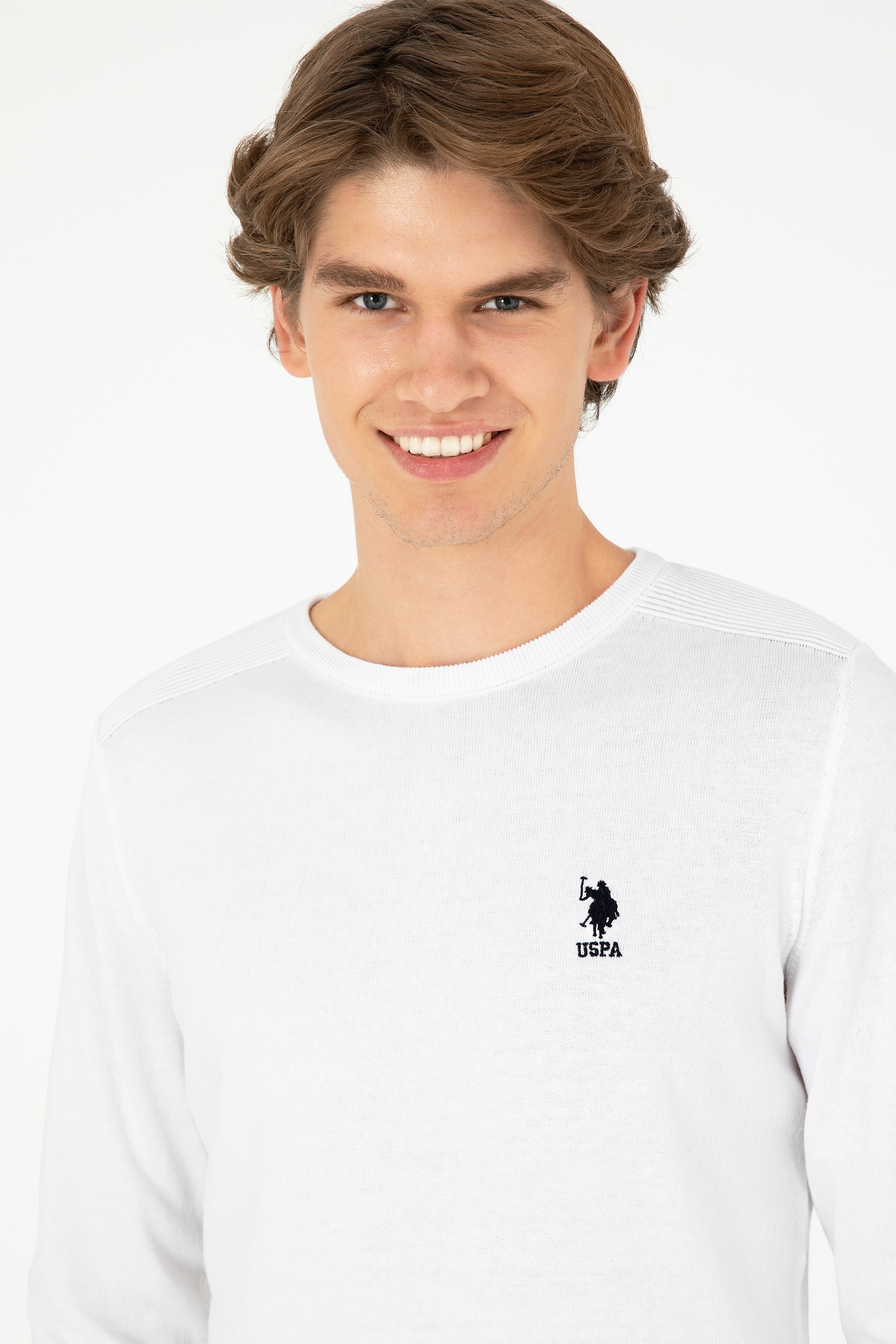 Erkek Slim Fit Bisiklet Yaka Beyaz Basic Kazak - Image 2