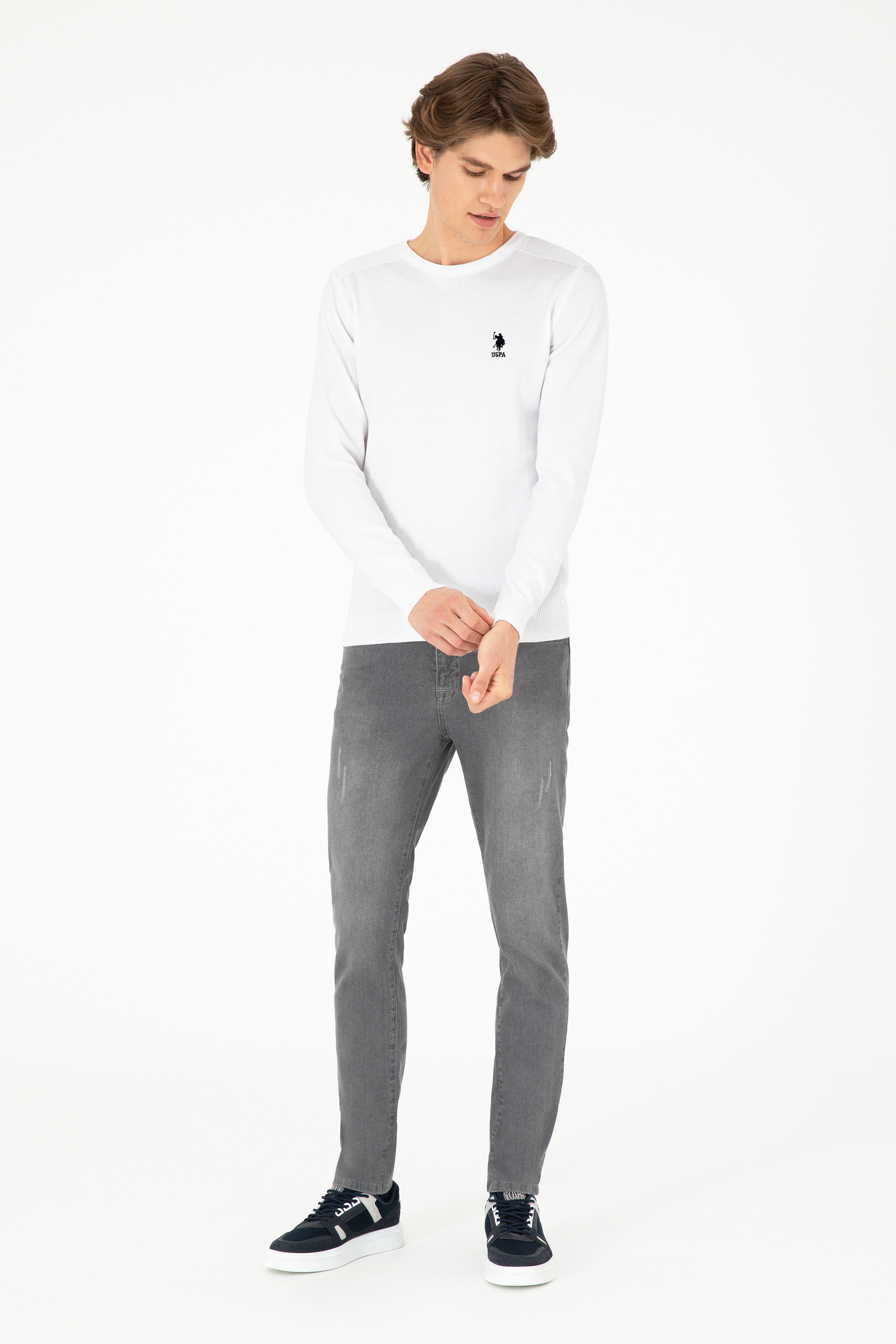 Erkek Slim Fit Bisiklet Yaka Beyaz Basic Kazak