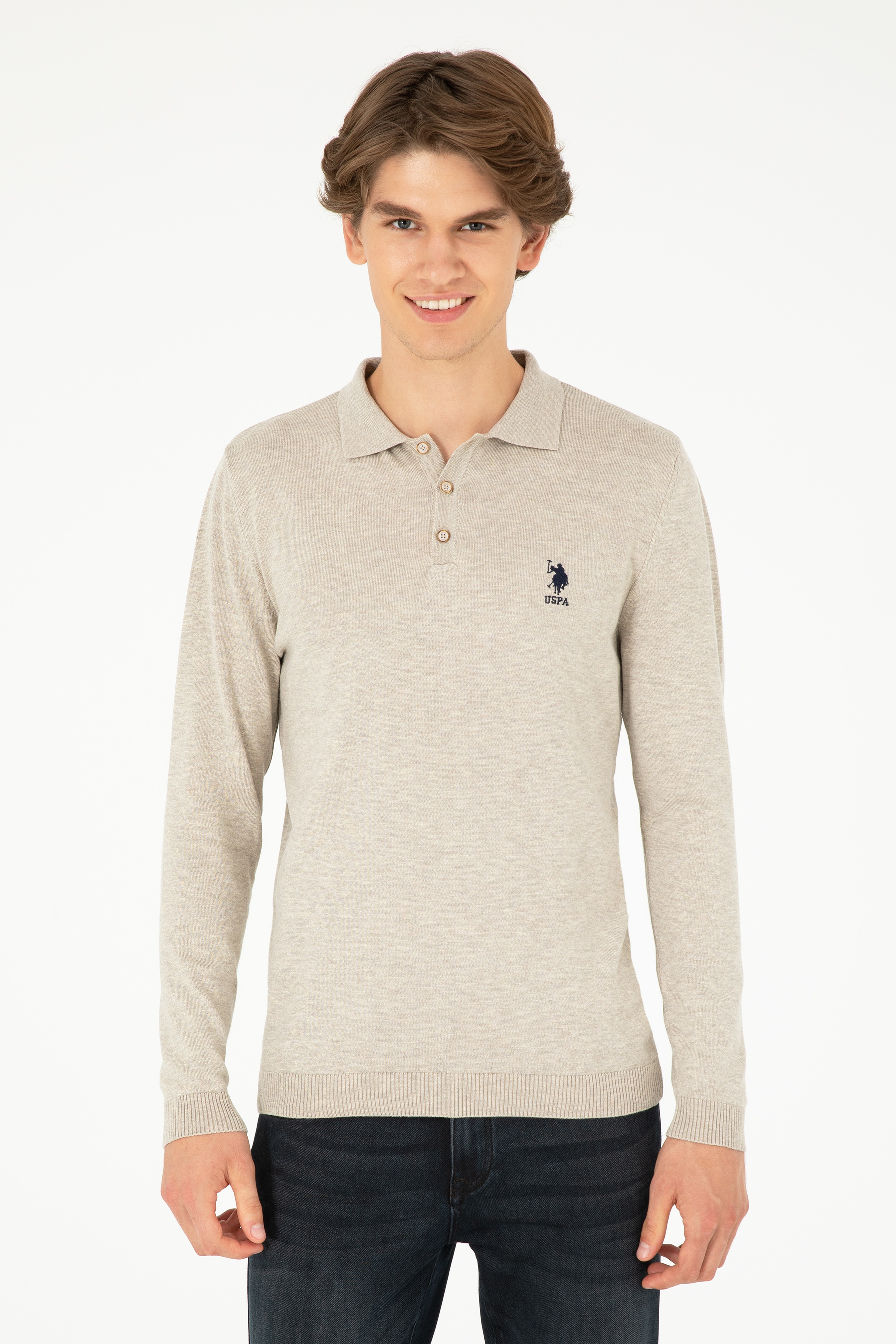Erkek Slim Fit Polo Yaka Taş Melanj Basic Kazak - Image 1