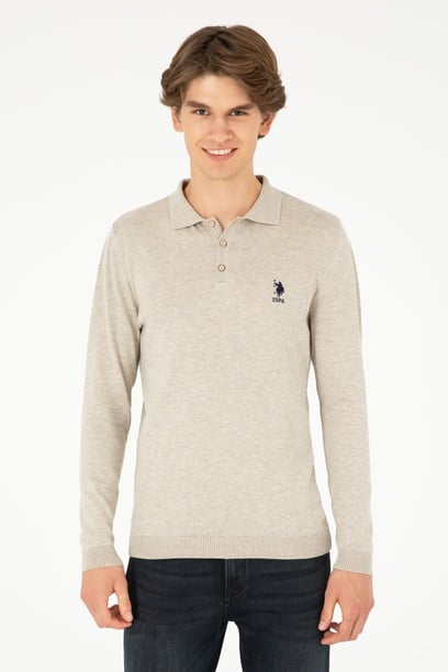 Erkek Slim Fit Polo Yaka Taş Melanj Basic Kazak