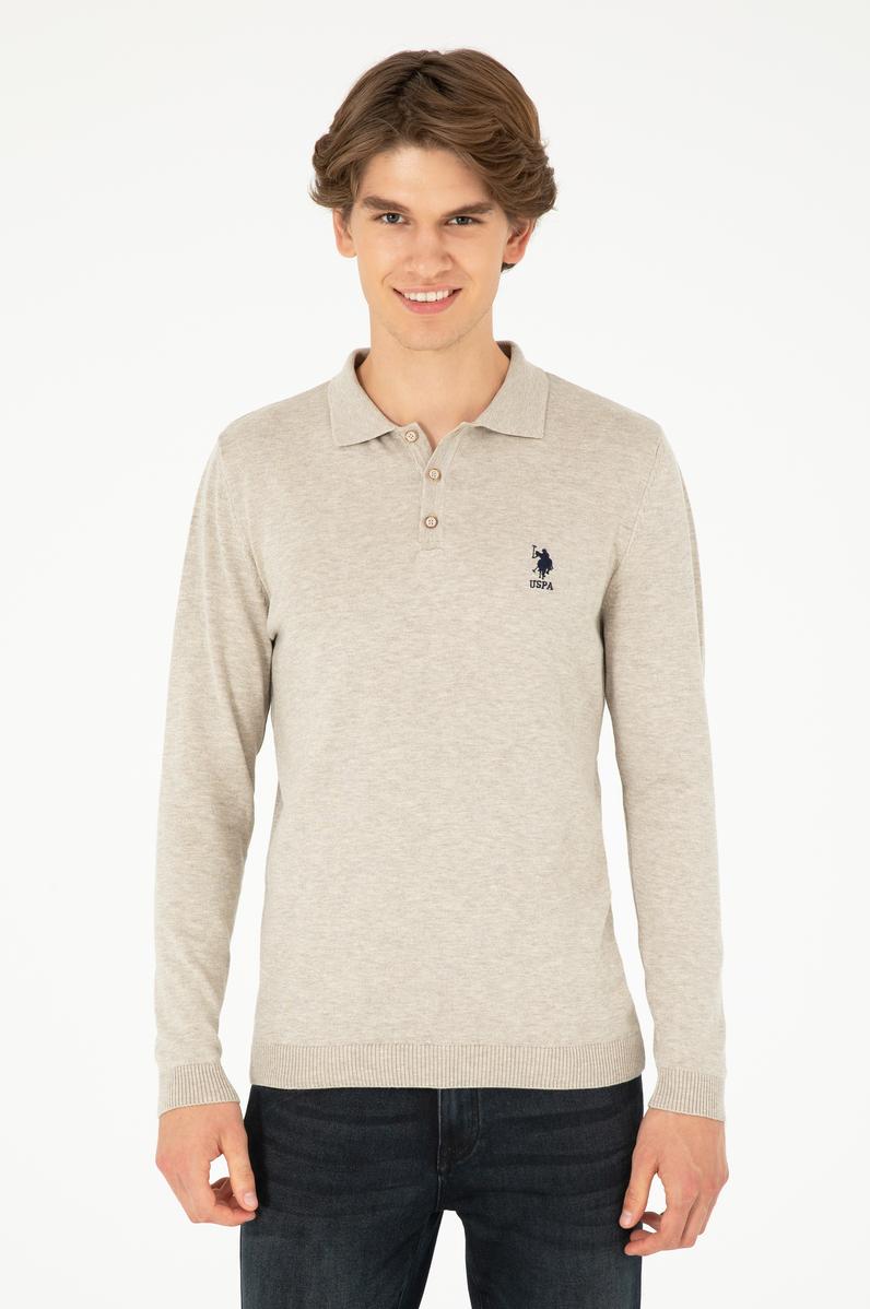 Erkek Slim Fit Polo Yaka Taş Melanj Basic Kazak