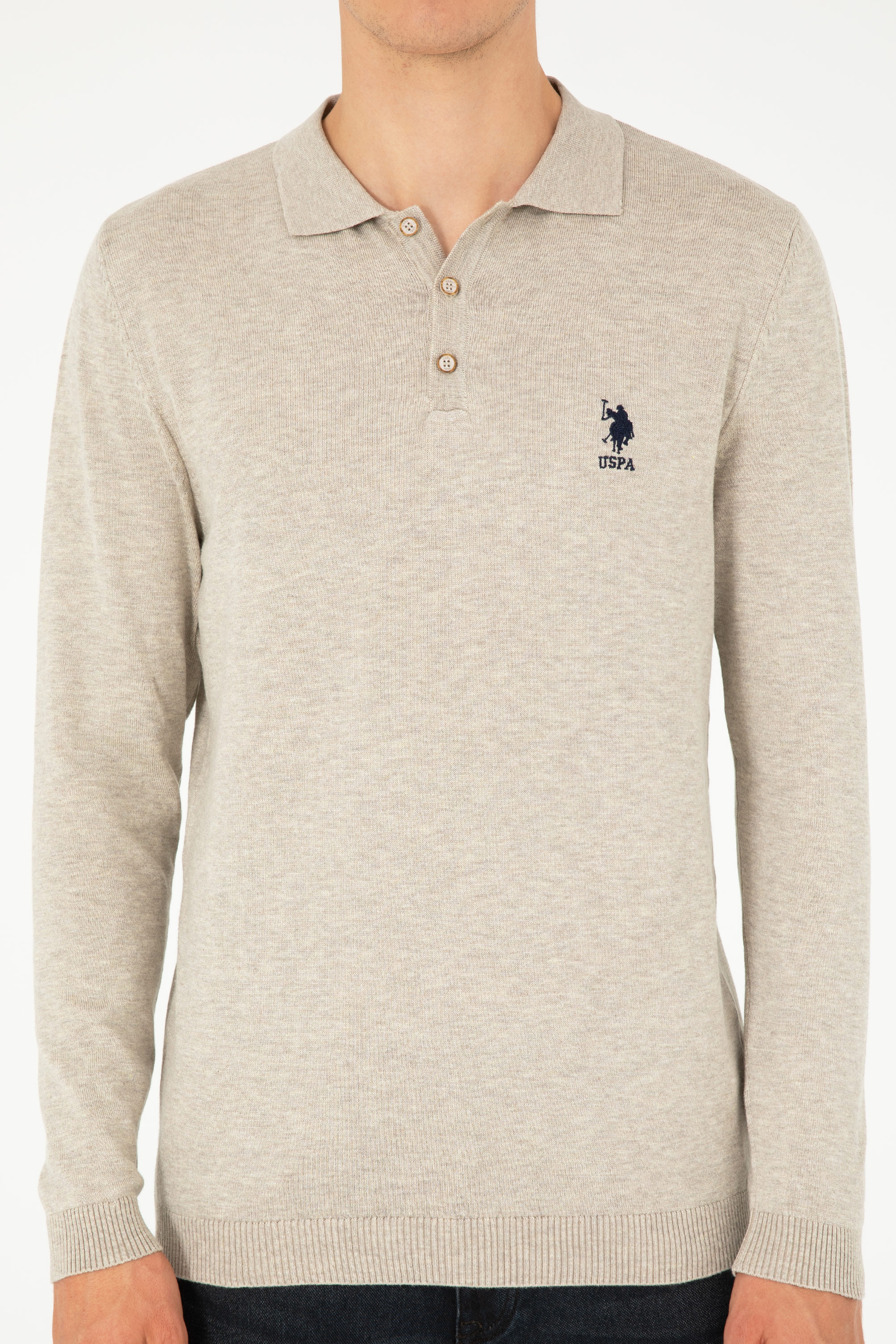 Erkek Slim Fit Polo Yaka Taş Melanj Basic Kazak - Image 6