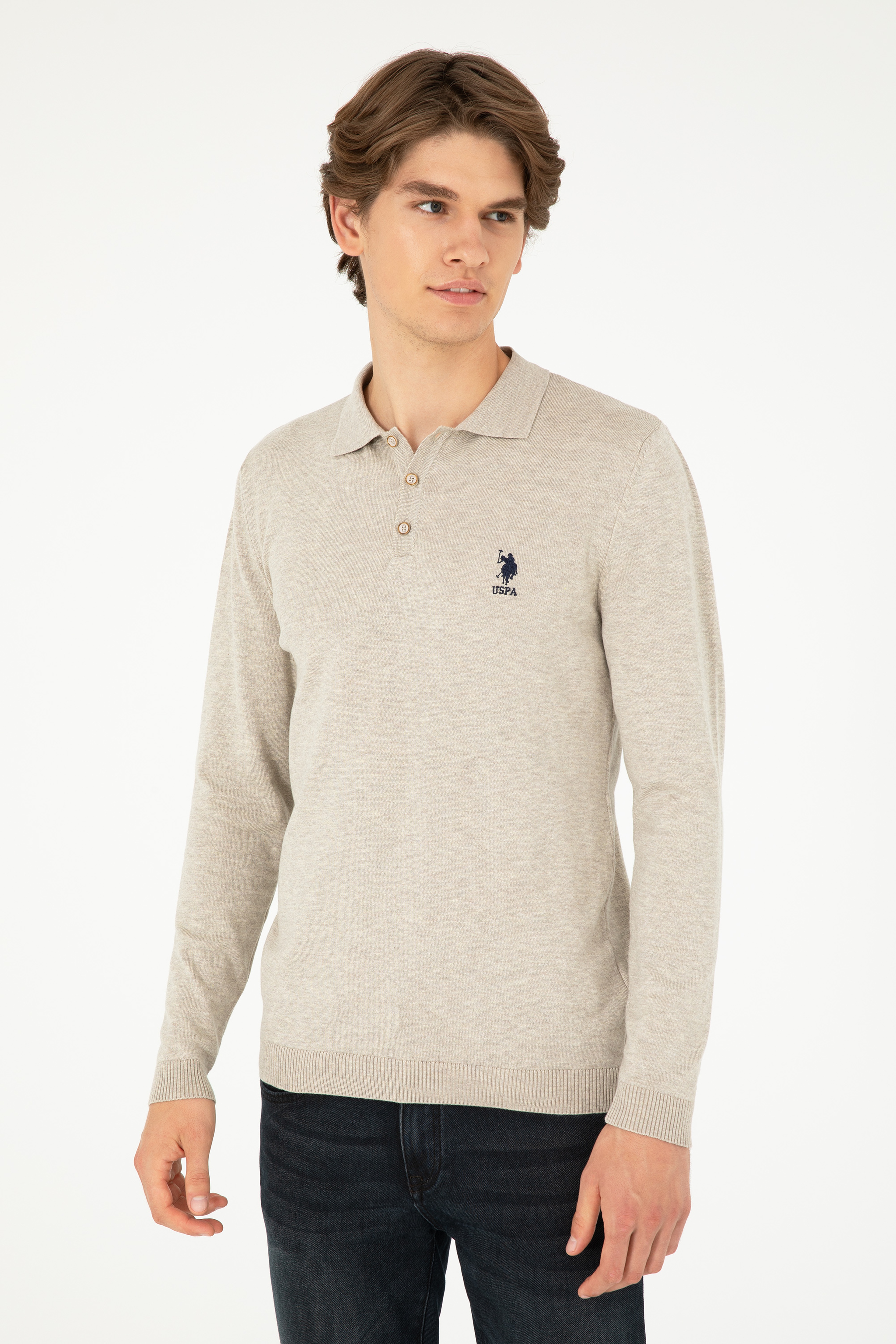 Erkek Slim Fit Polo Yaka Taş Melanj Basic Kazak - Image 3