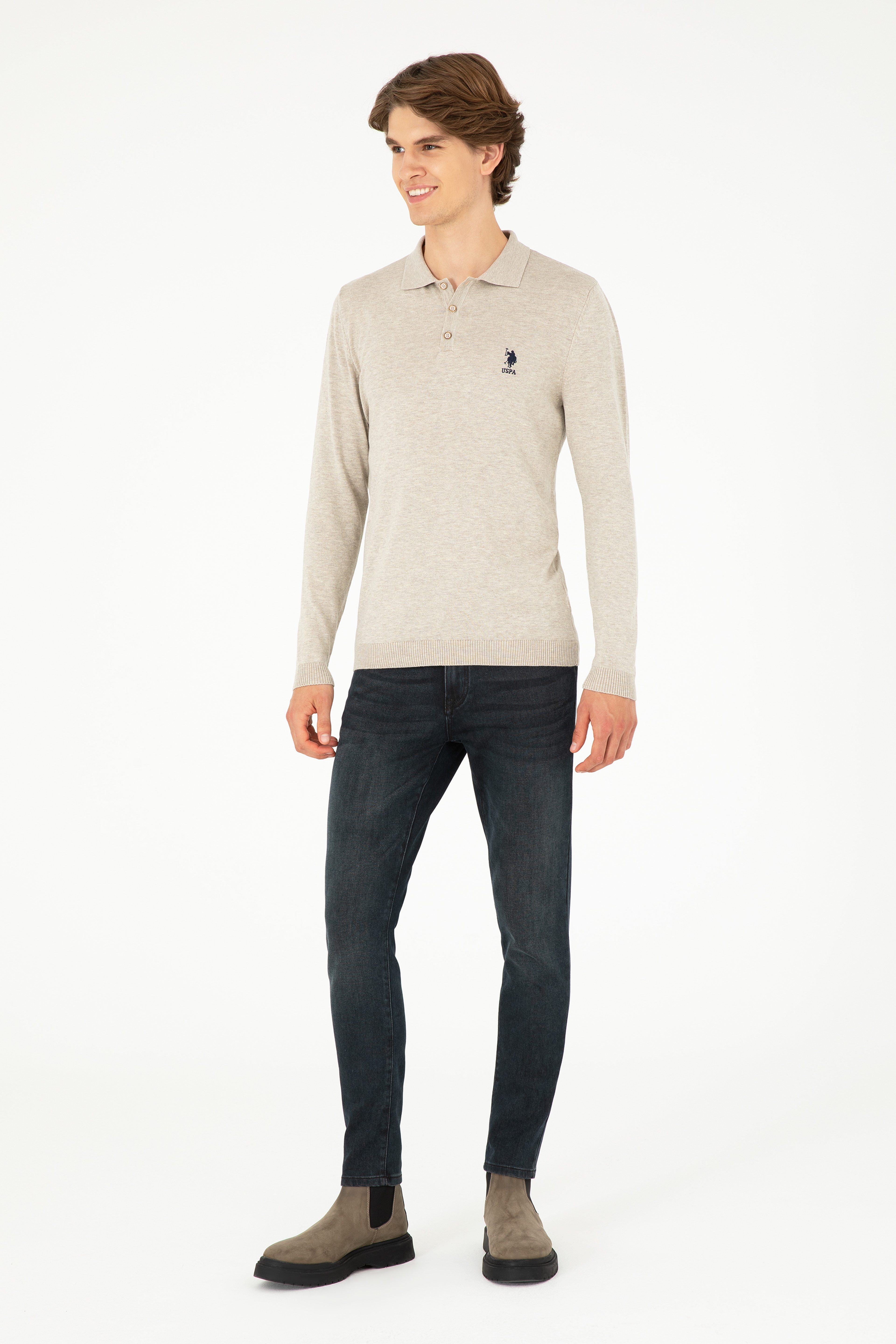 Erkek Slim Fit Polo Yaka Taş Melanj Basic Kazak - Image 4