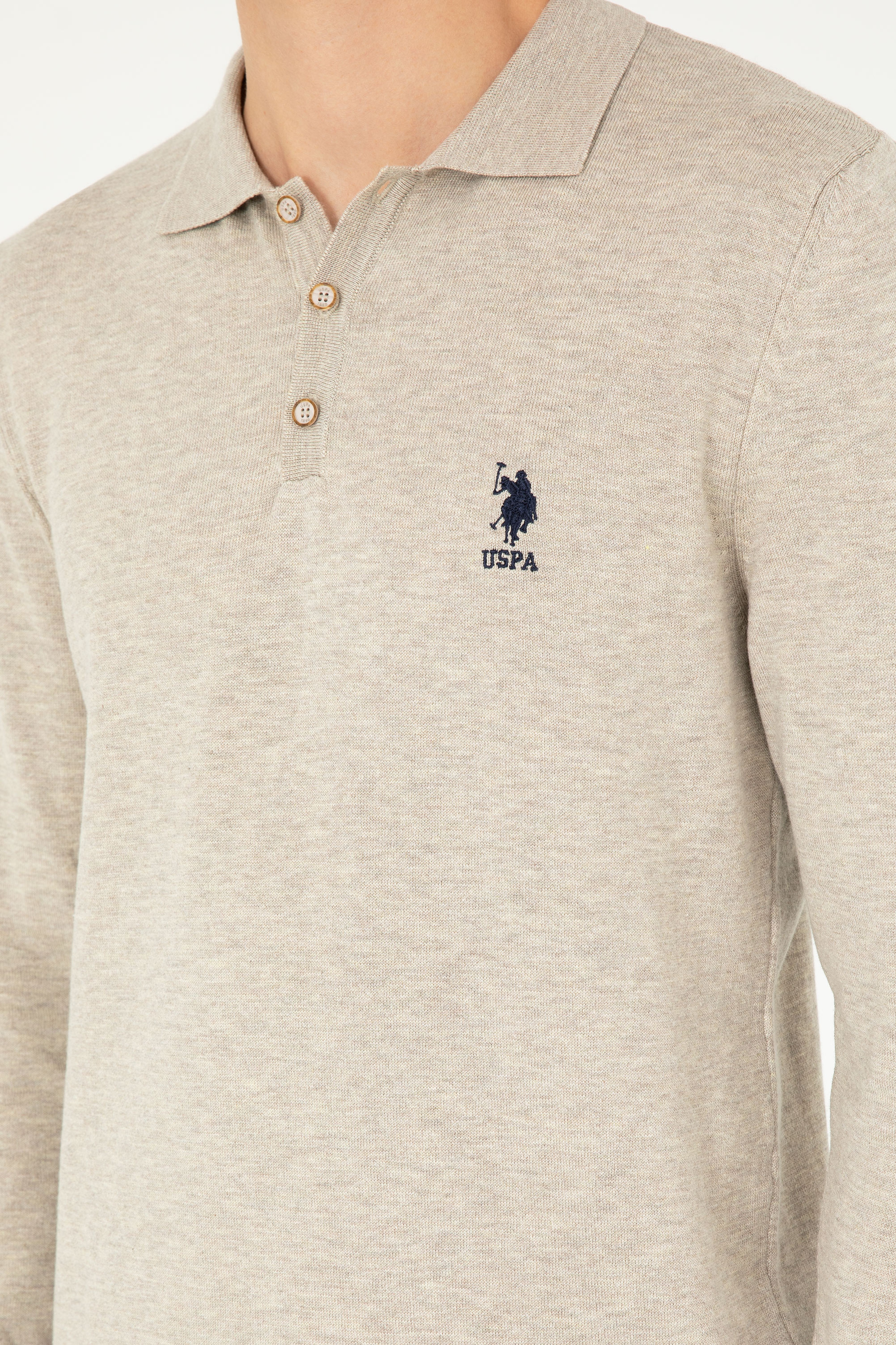 Erkek Slim Fit Polo Yaka Taş Melanj Basic Kazak - Image 7