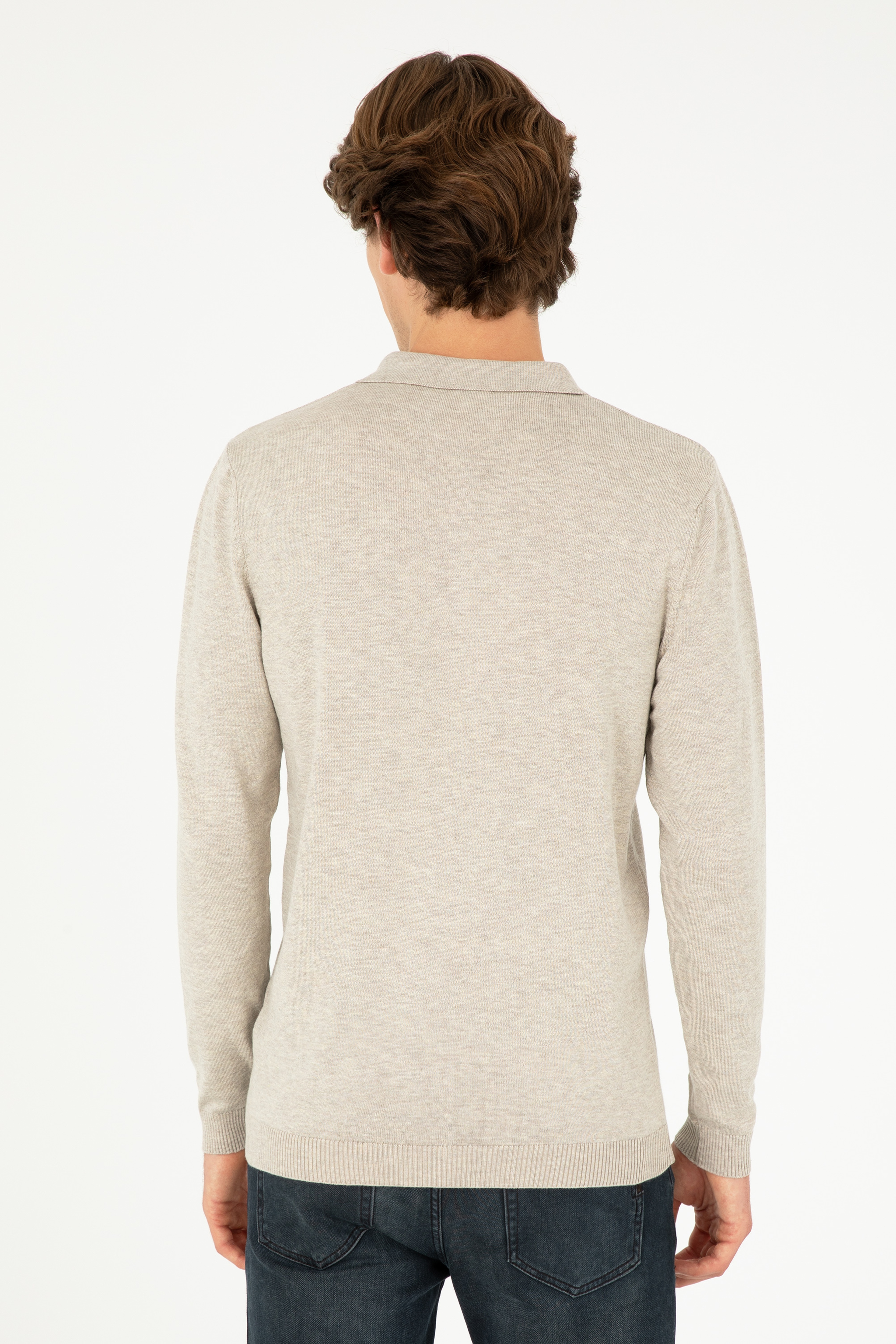 Erkek Slim Fit Polo Yaka Taş Melanj Basic Kazak
