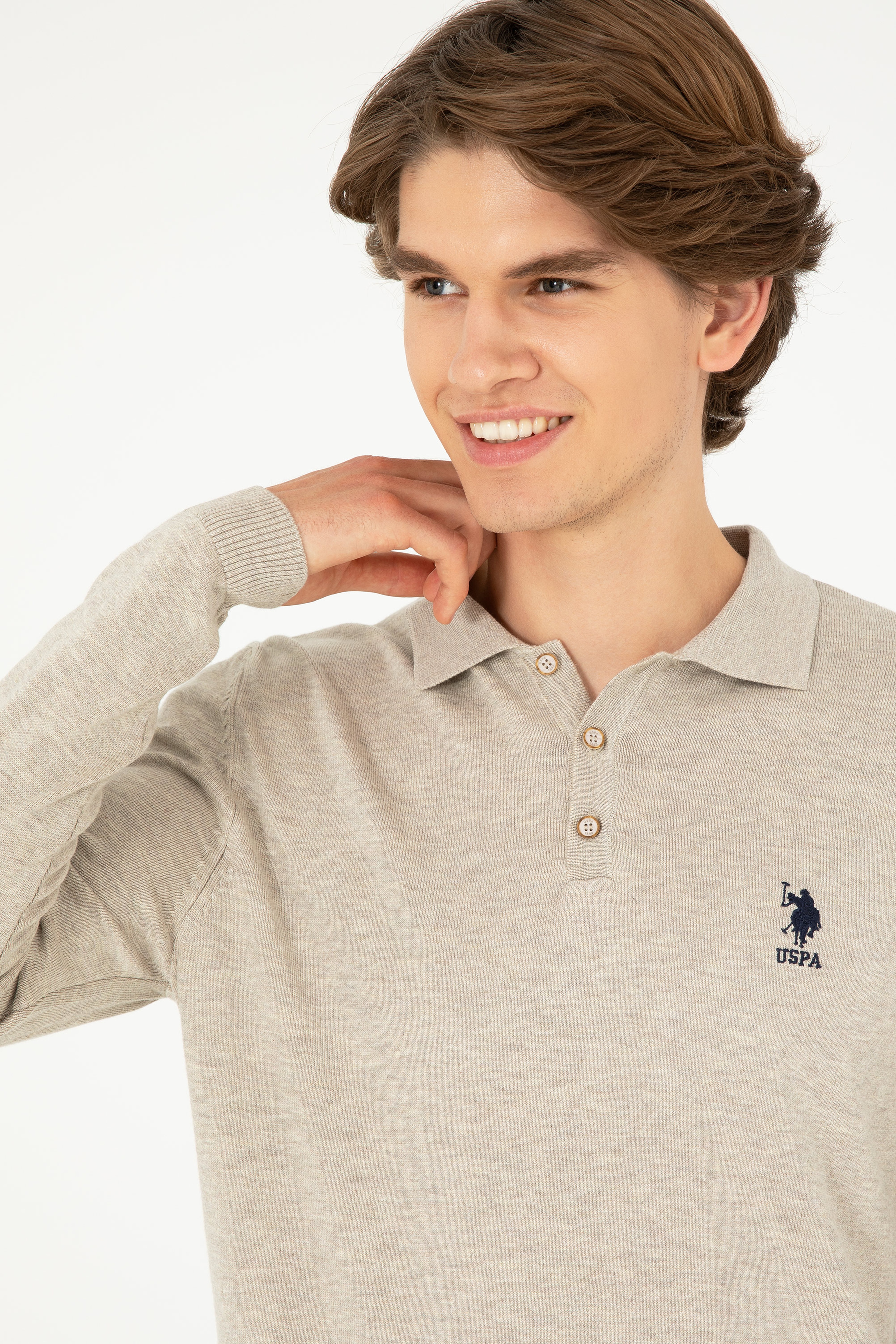 Erkek Slim Fit Polo Yaka Taş Melanj Basic Kazak - Image 2