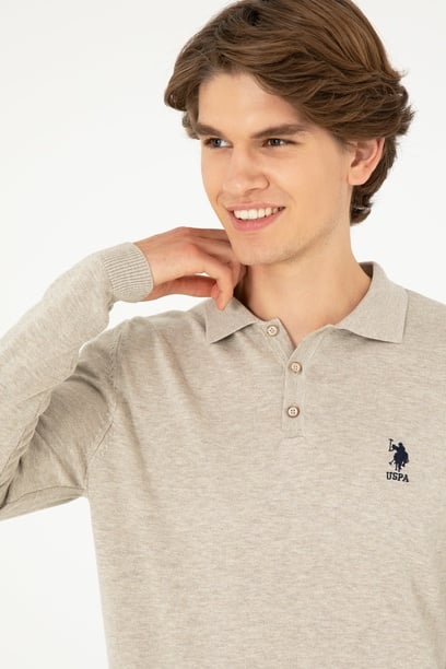Erkek Slim Fit Polo Yaka Taş Melanj Basic Kazak