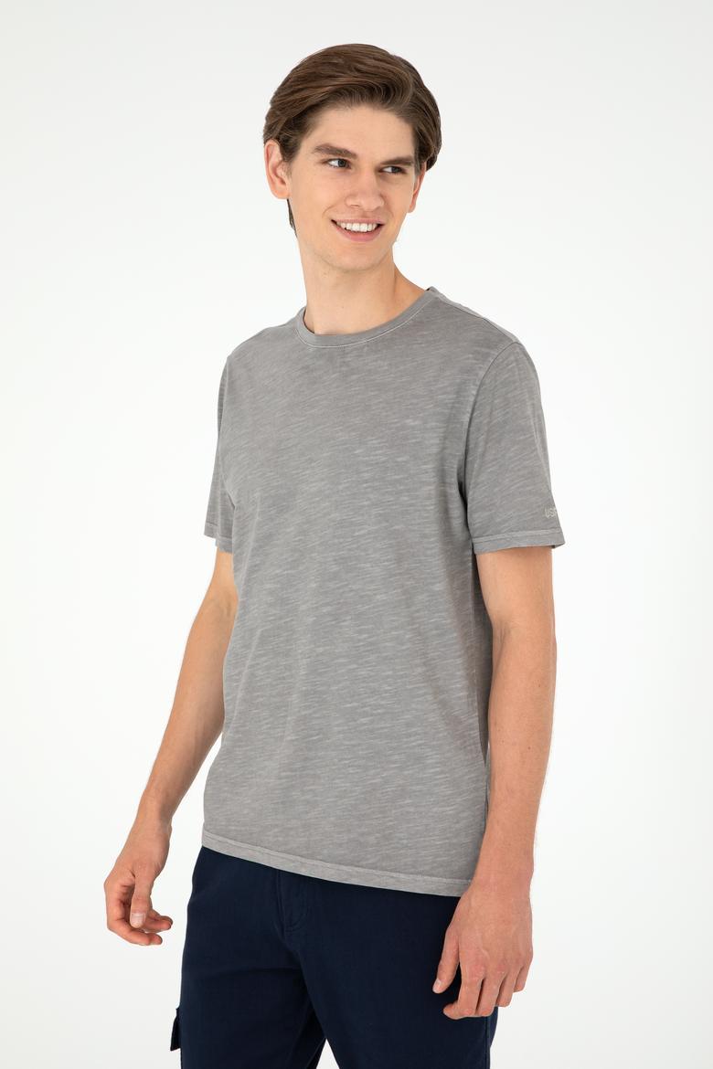 Erkek Regular Fit Bisiklet Yaka Koyu Gri Basic Tişört - 50279578118