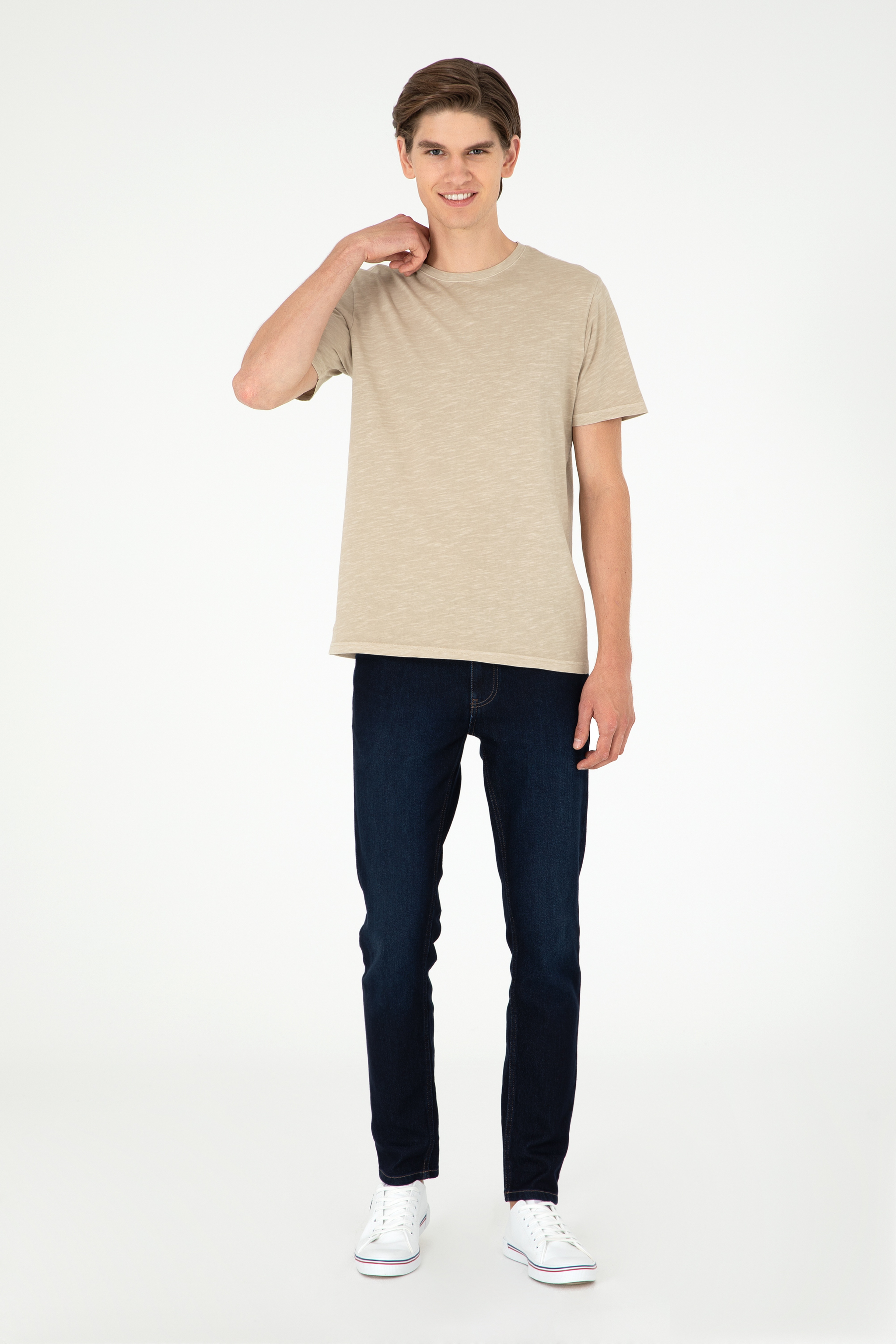 Erkek Regular Fit Bisiklet Yaka Açık Haki Basic Tişört - Image 4