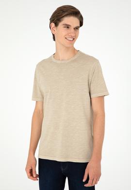 Erkek Regular Fit Bisiklet Yaka Açık Haki Basic Tişört - 50279578150