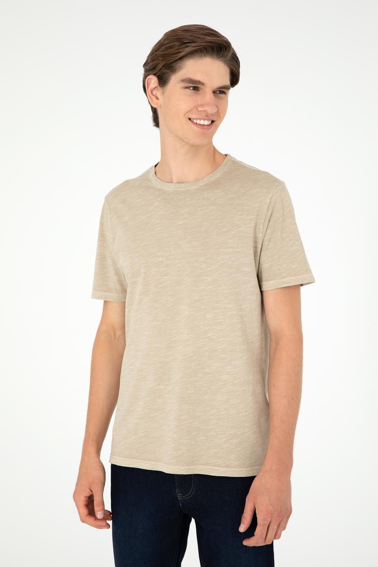 Erkek Regular Fit Bisiklet Yaka Açık Haki Basic Tişört - 50279578150