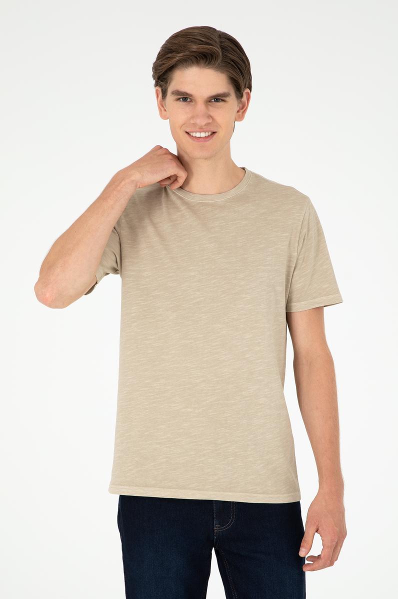 Erkek Regular Fit Bisiklet Yaka Açık Haki Basic Tişört