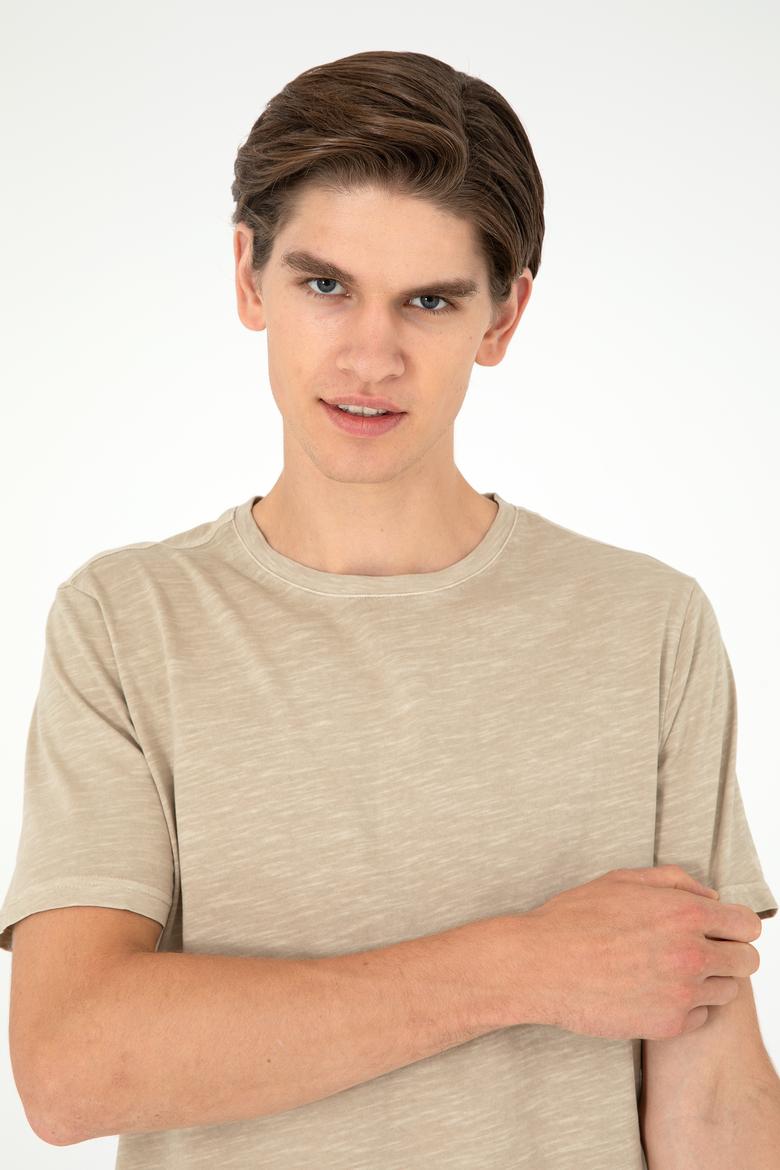 Erkek Regular Fit Bisiklet Yaka Açık Haki Basic Tişört - 50279578150
