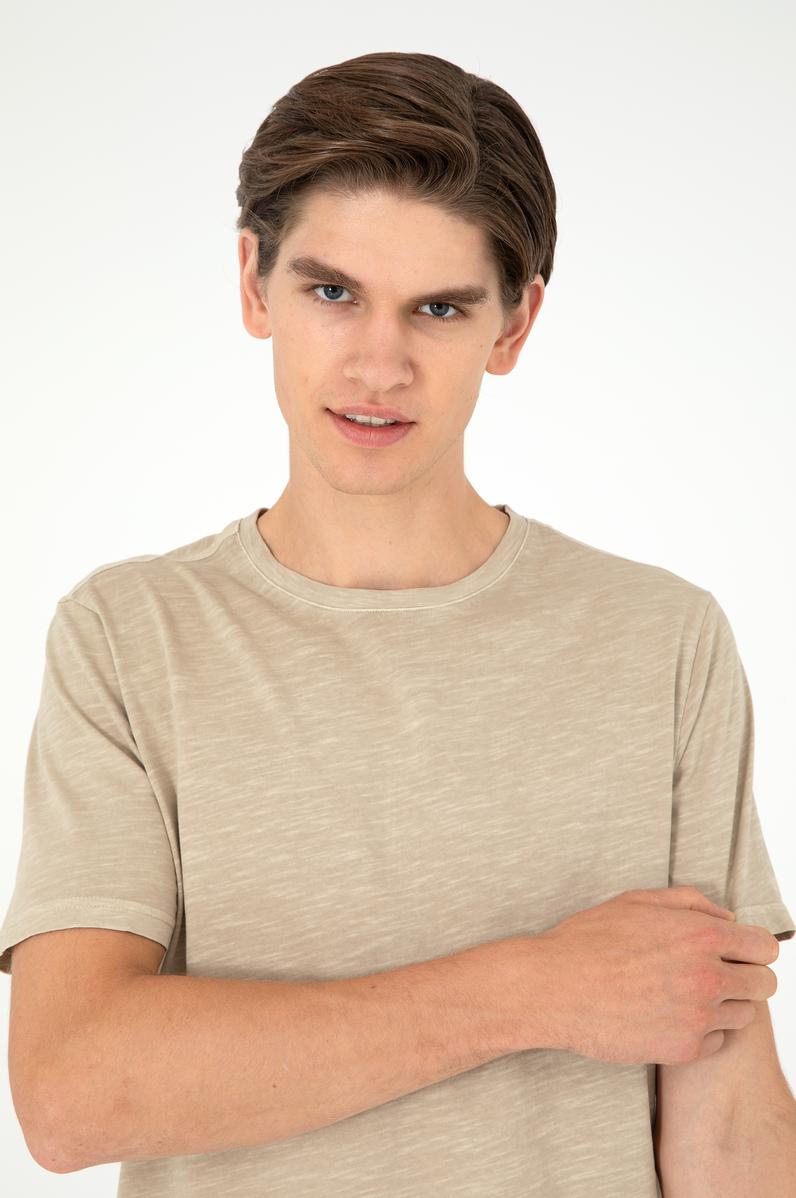 Erkek Regular Fit Bisiklet Yaka Açık Haki Basic Tişört