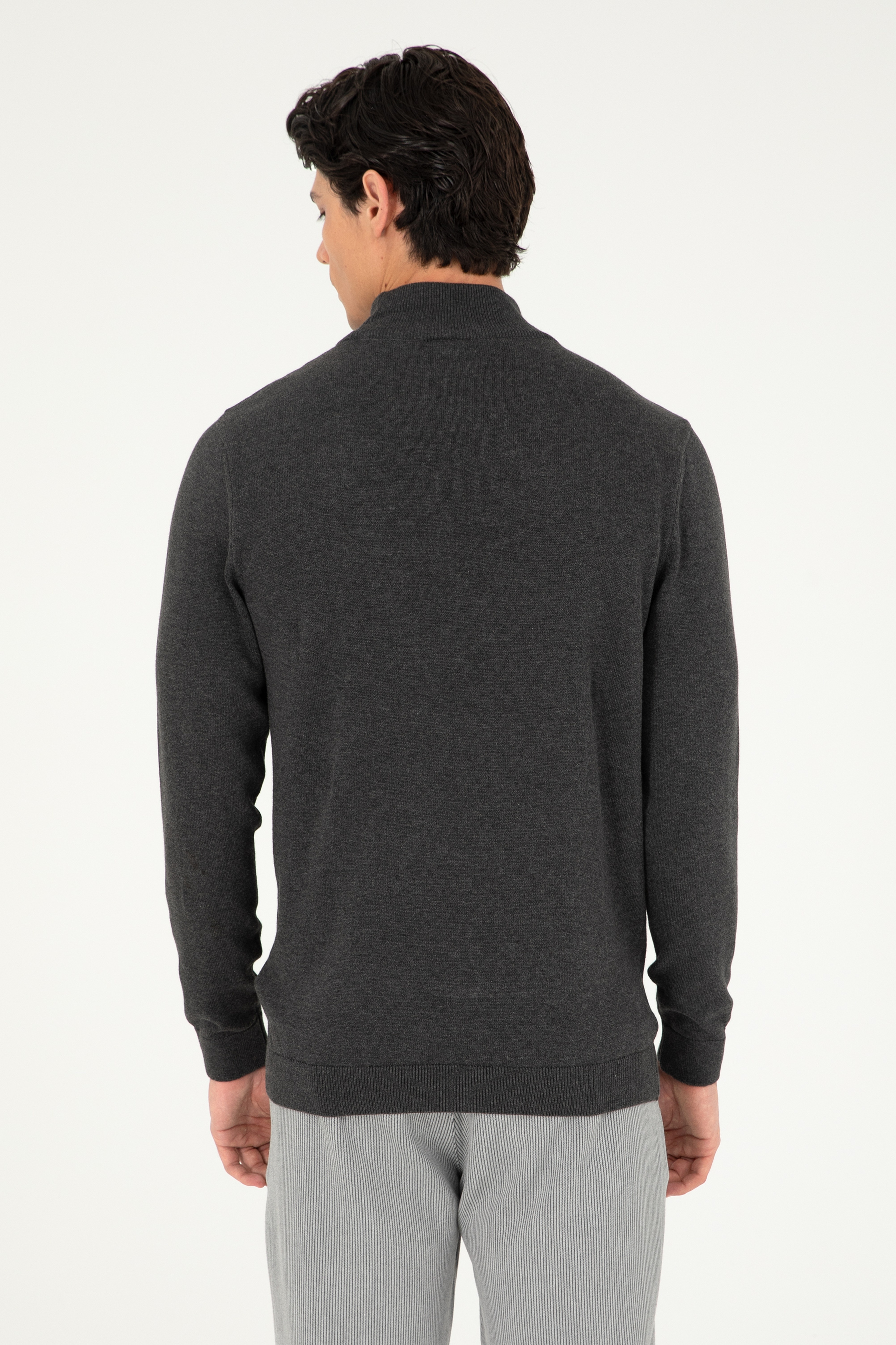 Erkek Slim Fit Yarım Boğazlı Antrasit Melanj Basic Kazak - Image 5
