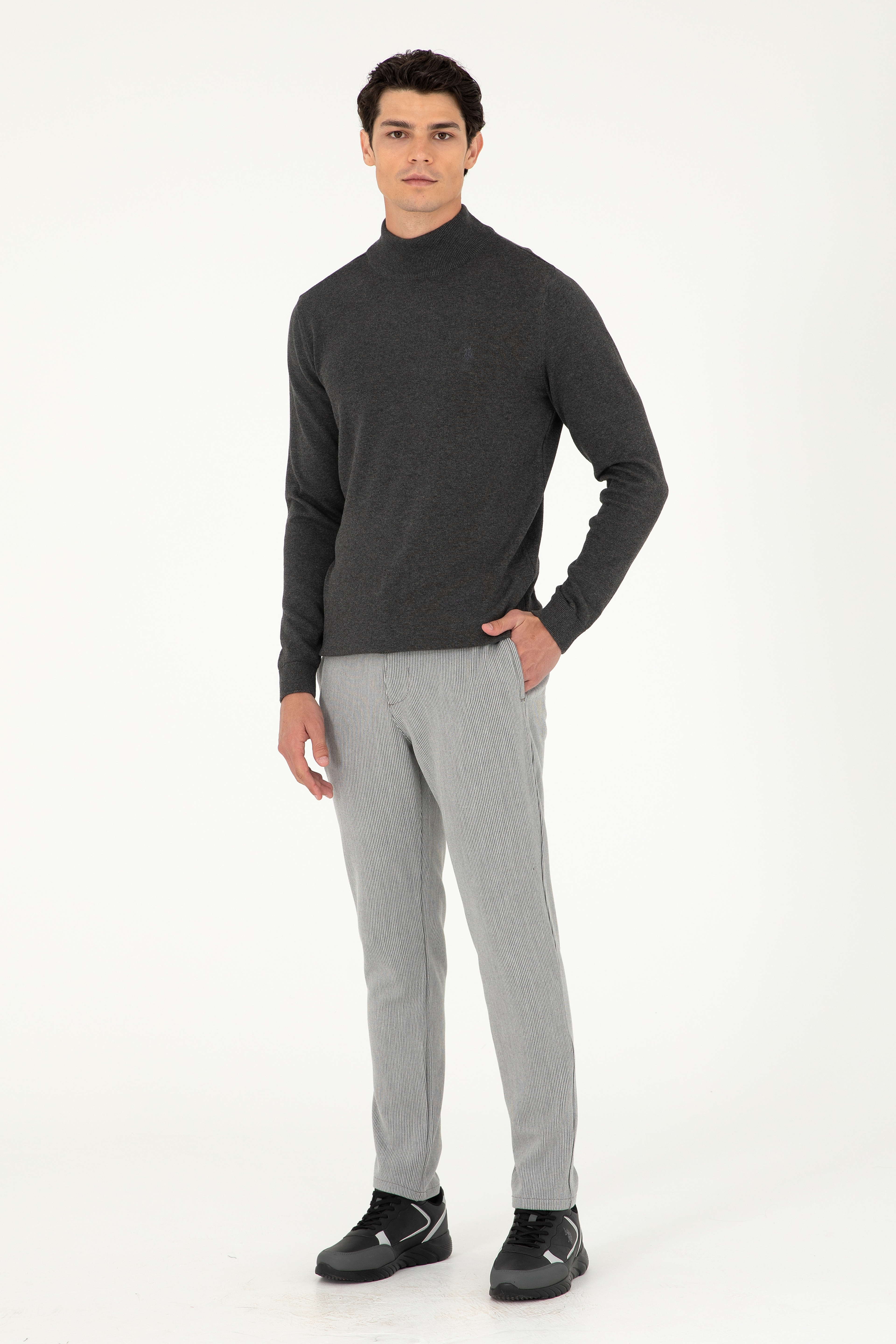 Erkek Slim Fit Yarım Boğazlı Antrasit Melanj Basic Kazak - Image 4