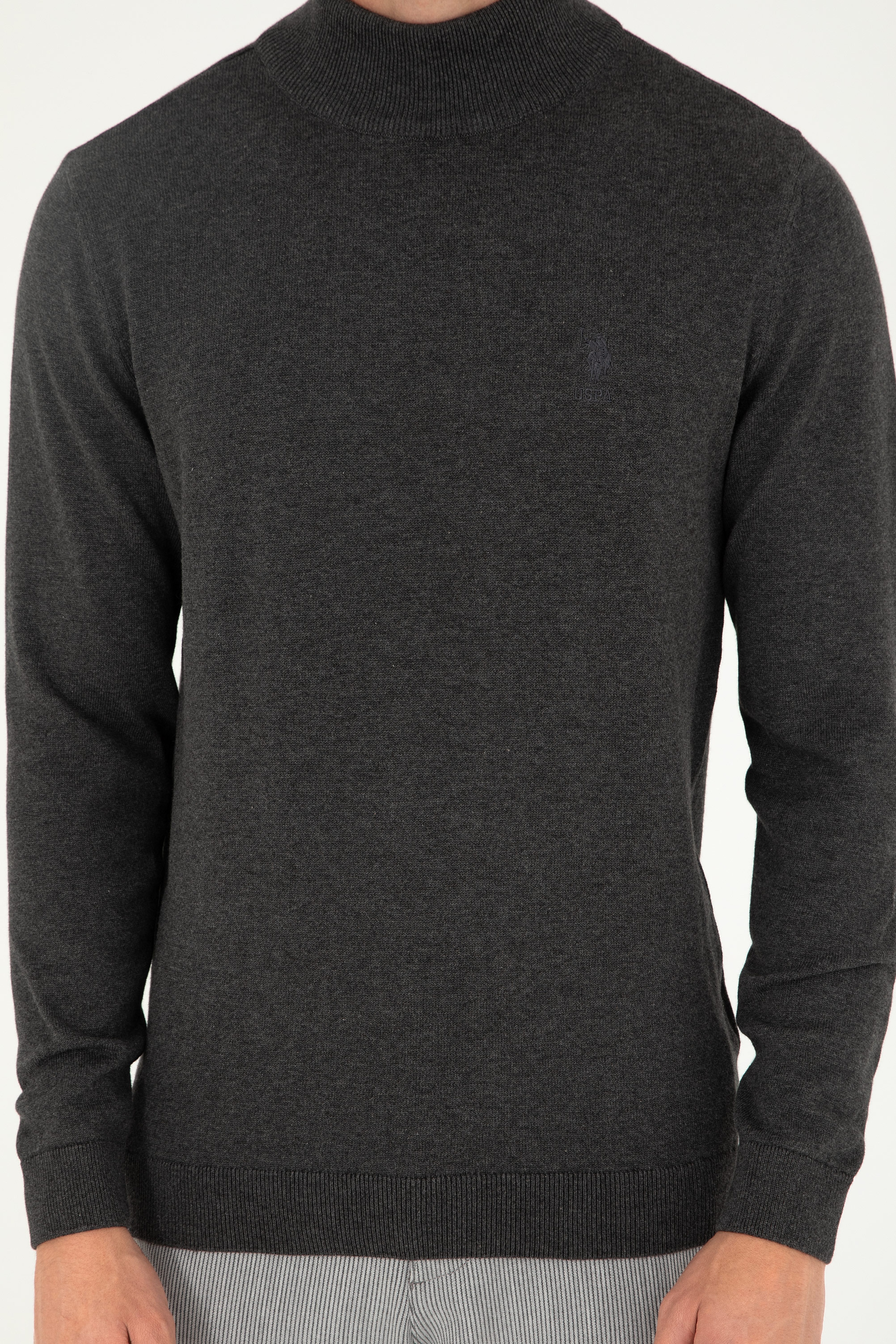 Erkek Slim Fit Yarım Boğazlı Antrasit Melanj Basic Kazak - Image 6