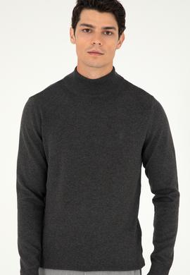 Erkek Slim Fit Yarım Boğazlı Antrasit Melanj Basic Kazak - 50288887044
