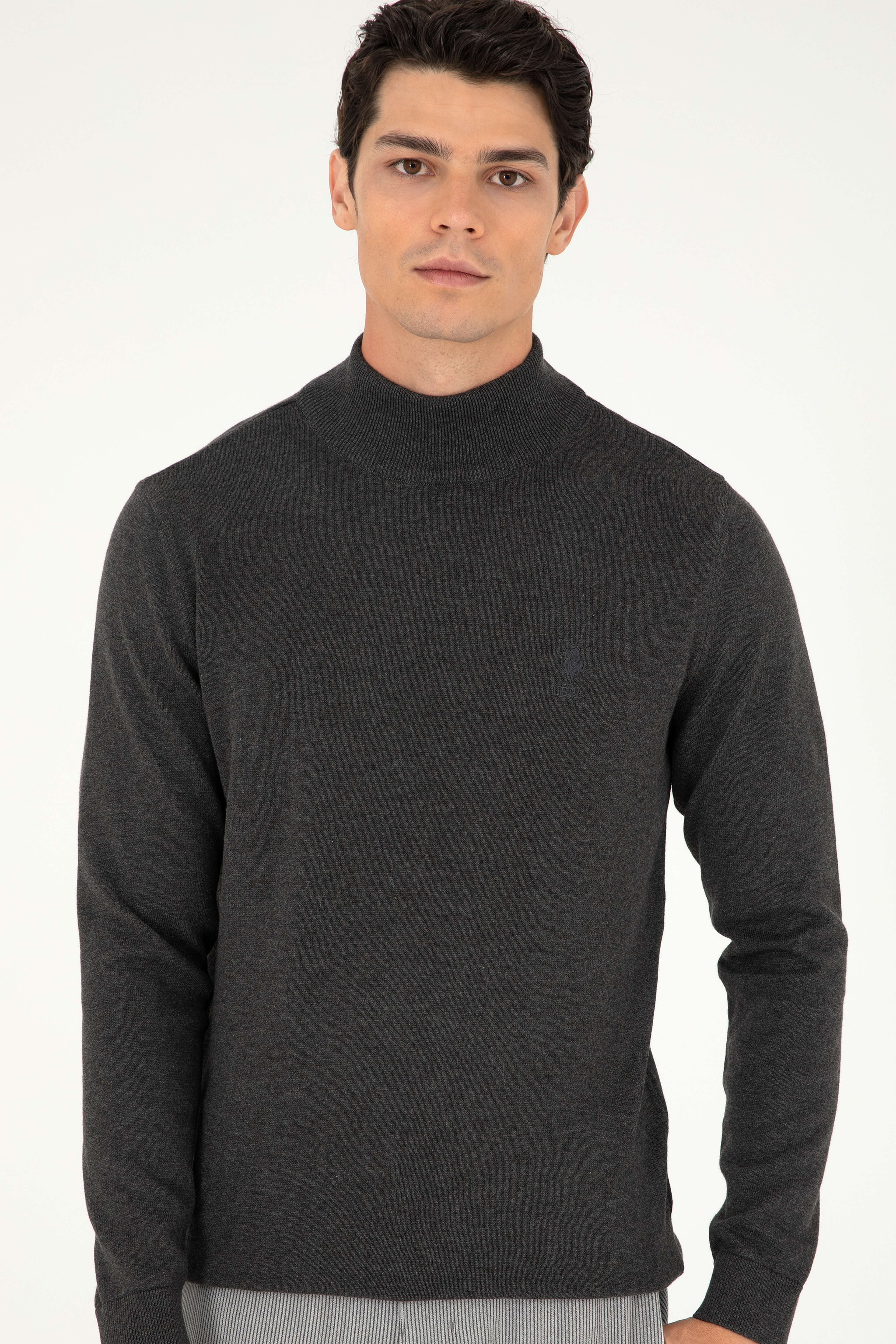 Erkek Slim Fit Yarım Boğazlı Antrasit Melanj Basic Kazak - Image 3