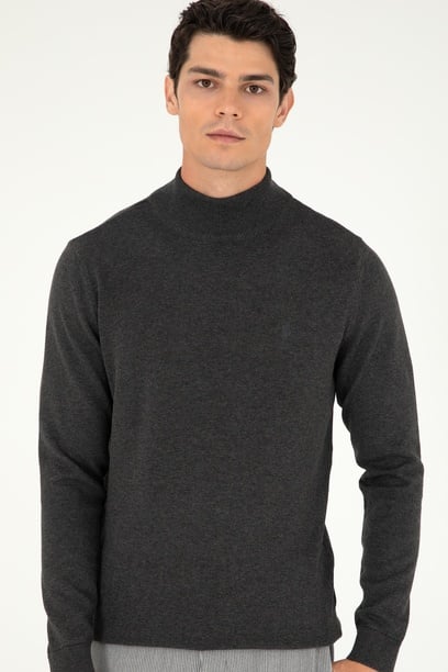 Erkek Slim Fit Yarım Boğazlı Antrasit Melanj Basic Kazak