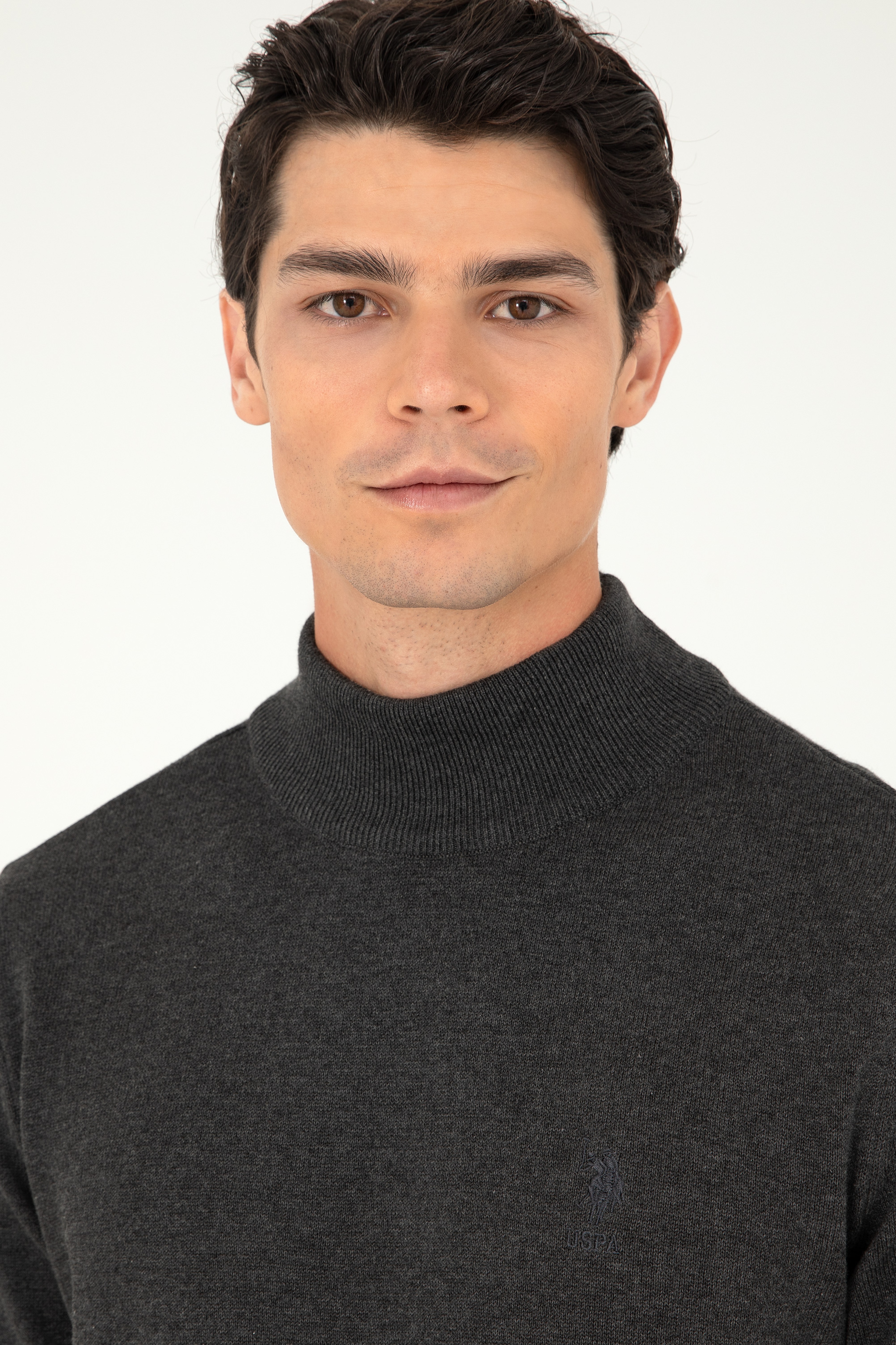 Erkek Slim Fit Yarım Boğazlı Antrasit Melanj Basic Kazak - Image 2
