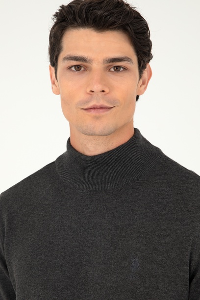 Erkek Slim Fit Yarım Boğazlı Antrasit Melanj Basic Kazak