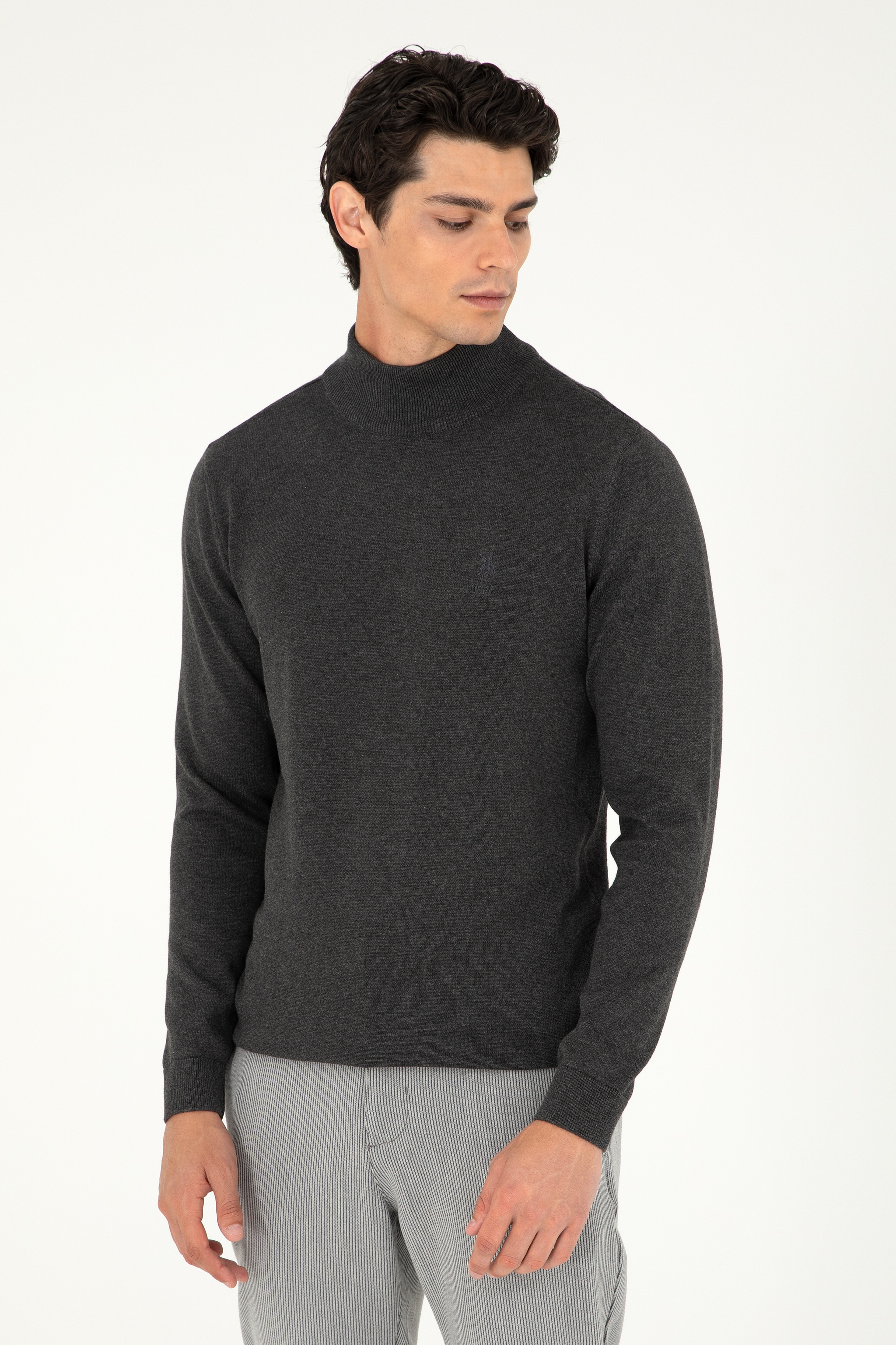 Erkek Slim Fit Yarım Boğazlı Antrasit Melanj Basic Kazak - Image 1