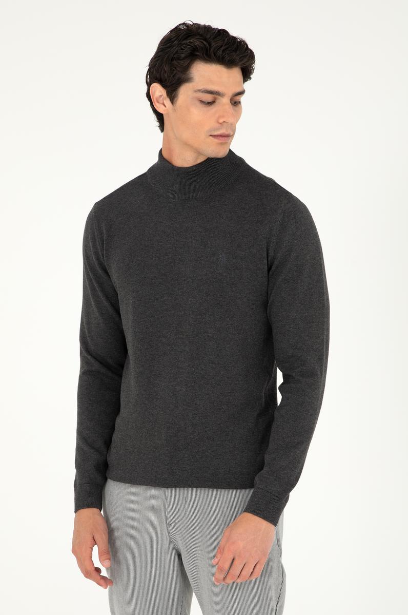 Erkek Slim Fit Yarım Boğazlı Antrasit Melanj Basic Kazak