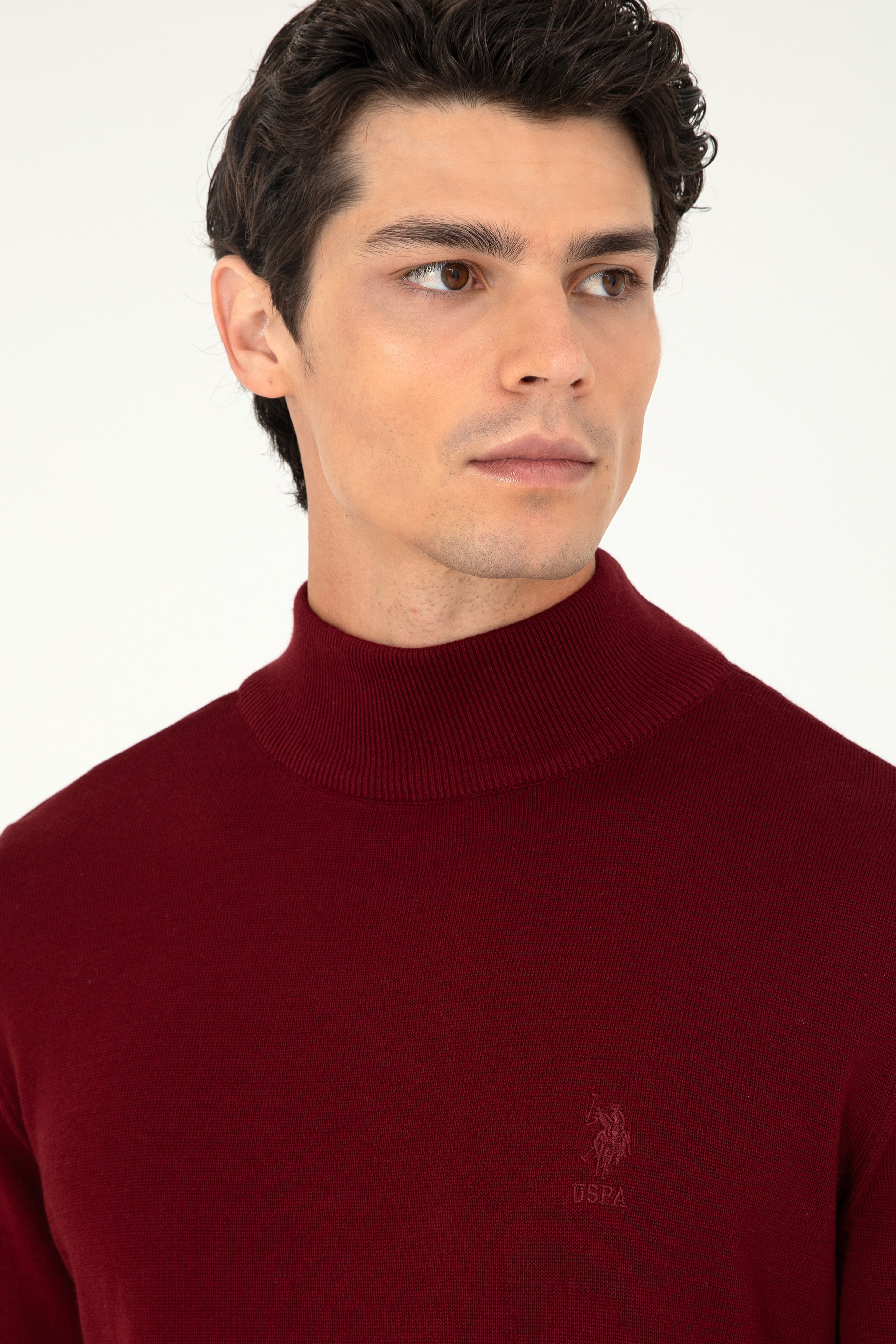 Erkek Slim Fit Yarım Boğazlı Bordo Basic Kazak - Image 2