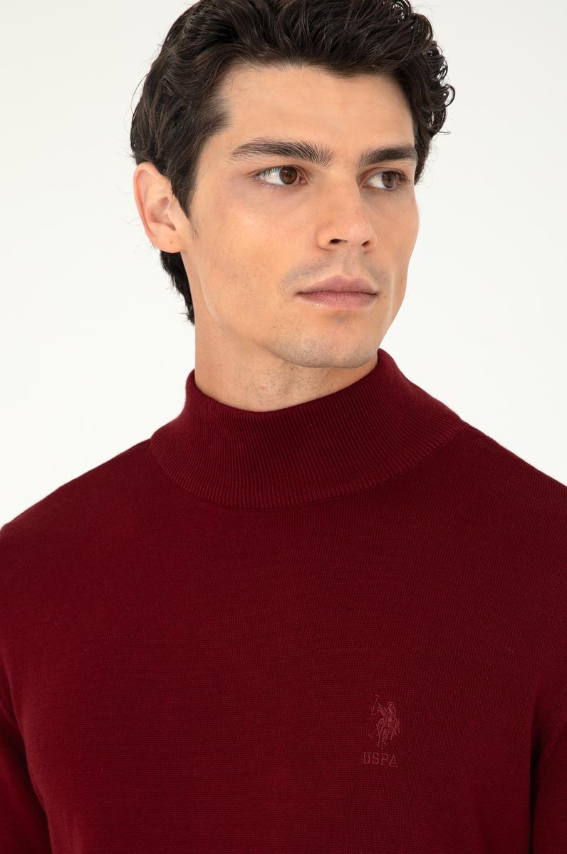 Erkek Slim Fit Yarım Boğazlı Bordo Basic Kazak