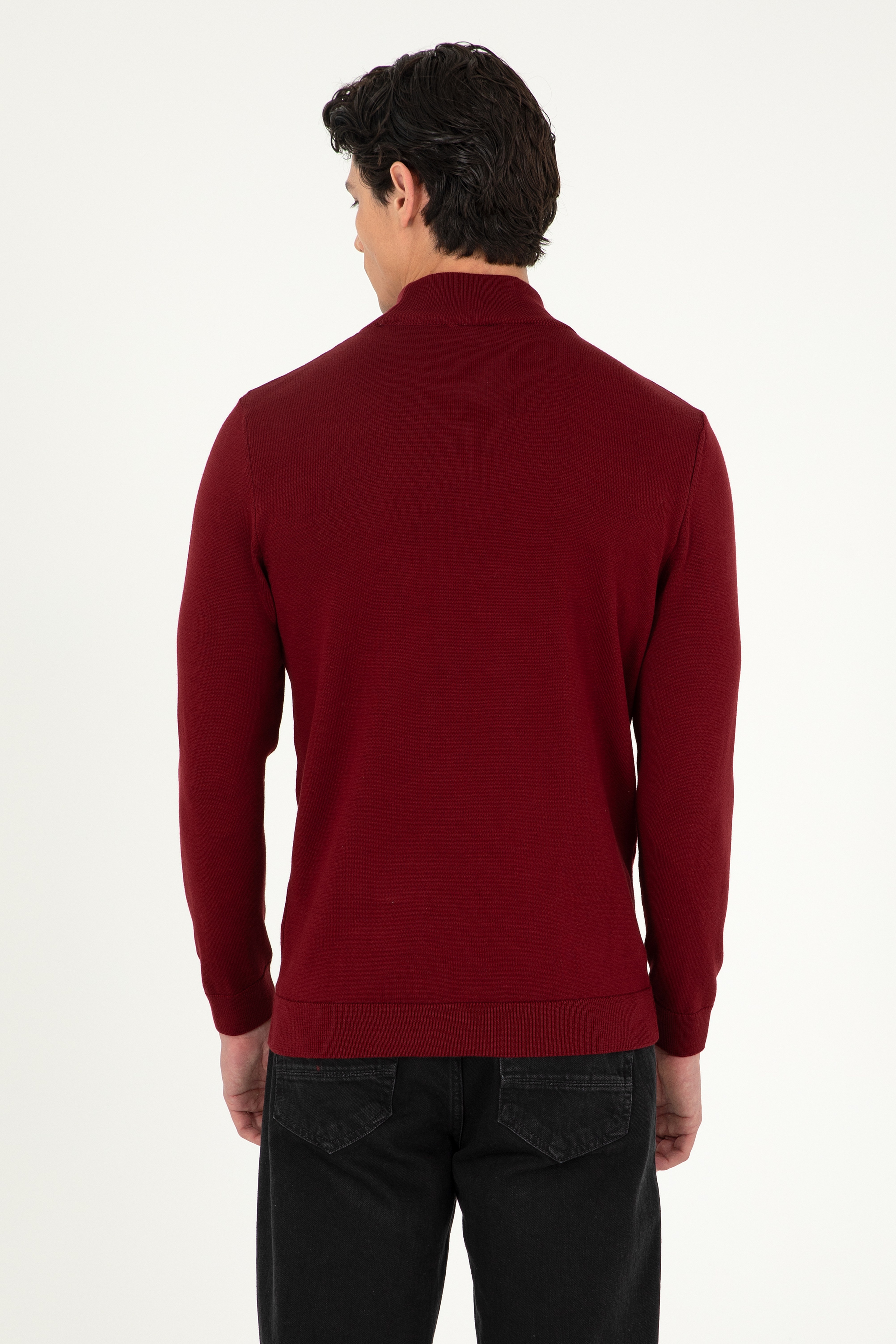 Erkek Slim Fit Yarım Boğazlı Bordo Basic Kazak