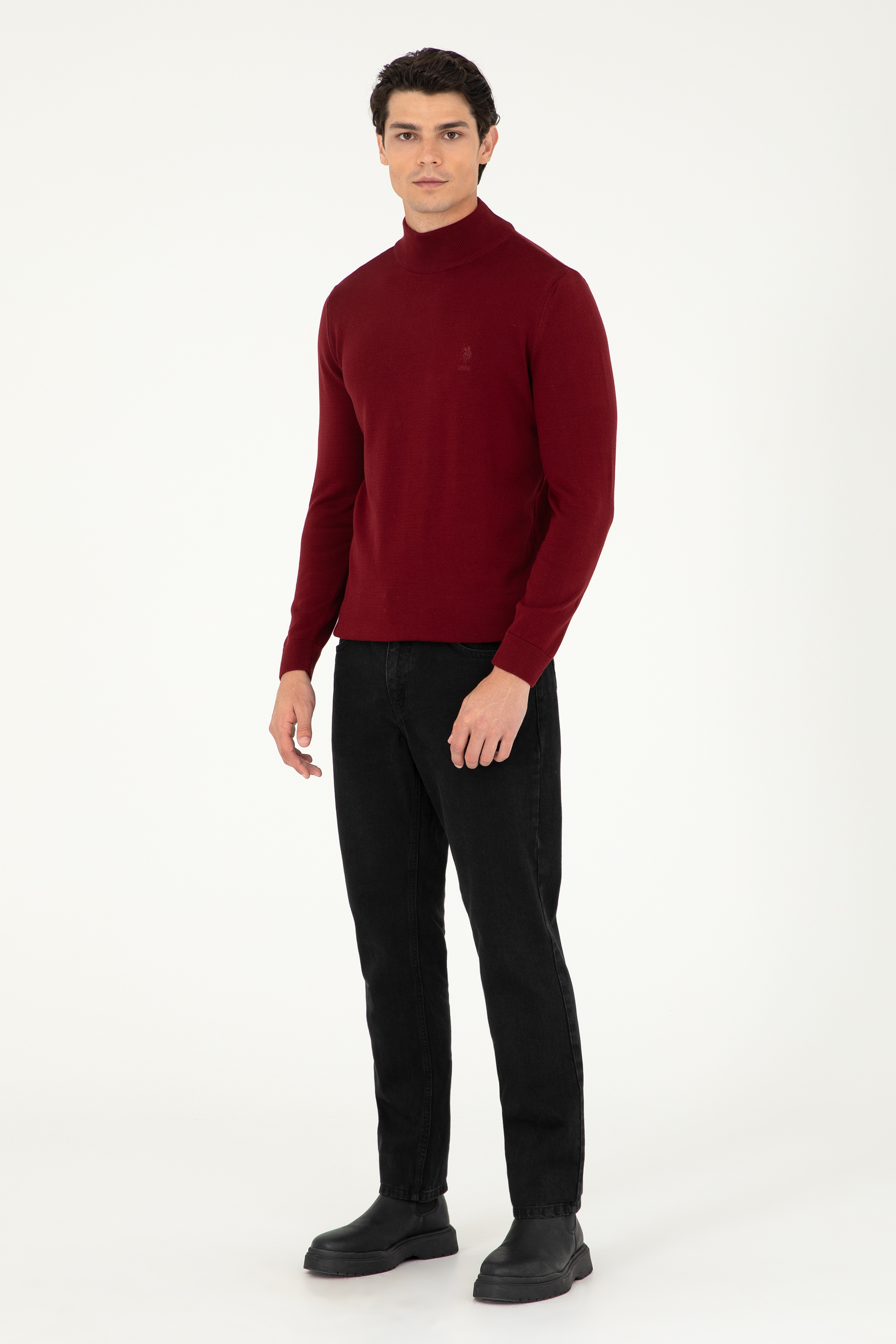 Erkek Slim Fit Yarım Boğazlı Bordo Basic Kazak