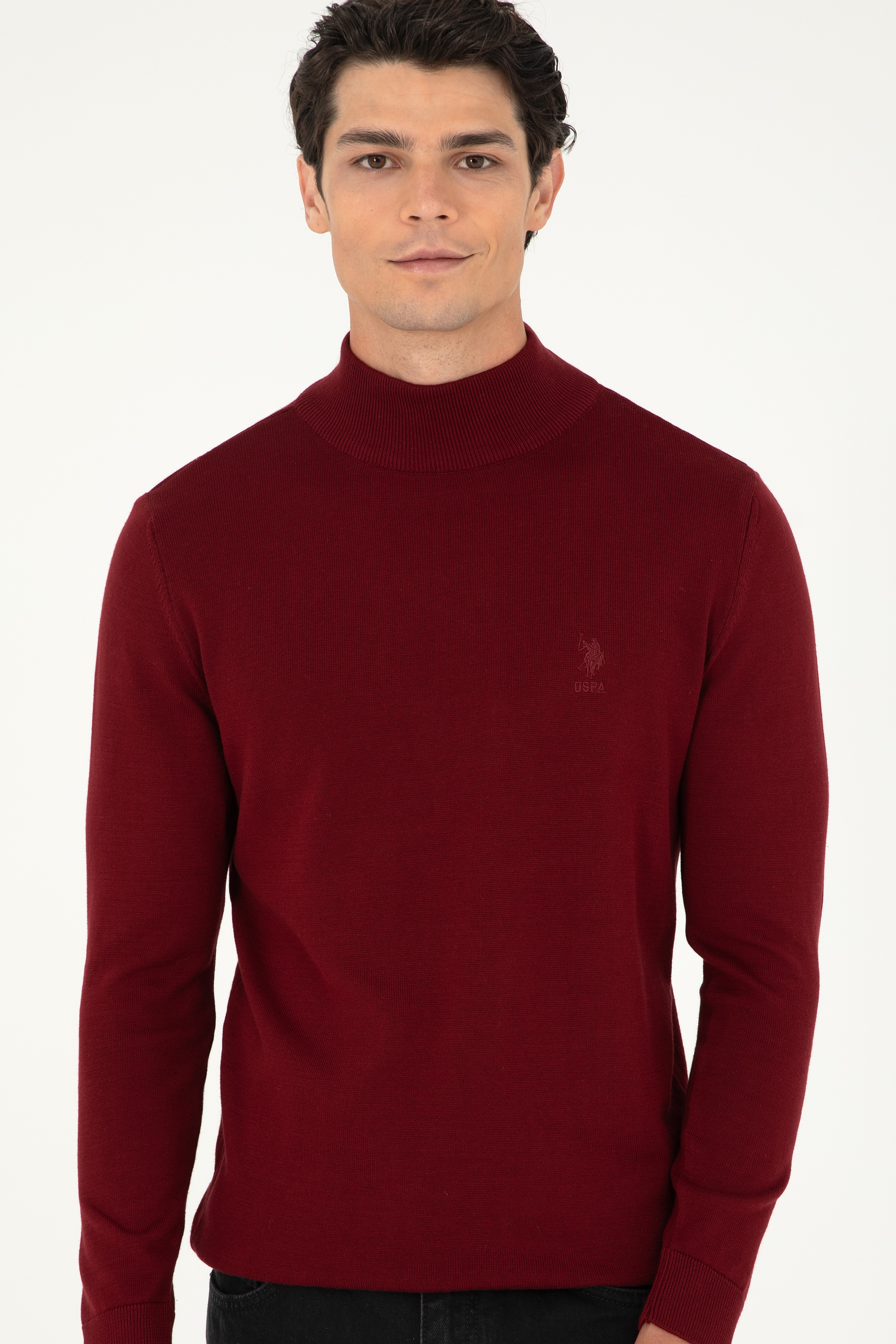 Erkek Slim Fit Yarım Boğazlı Bordo Basic Kazak