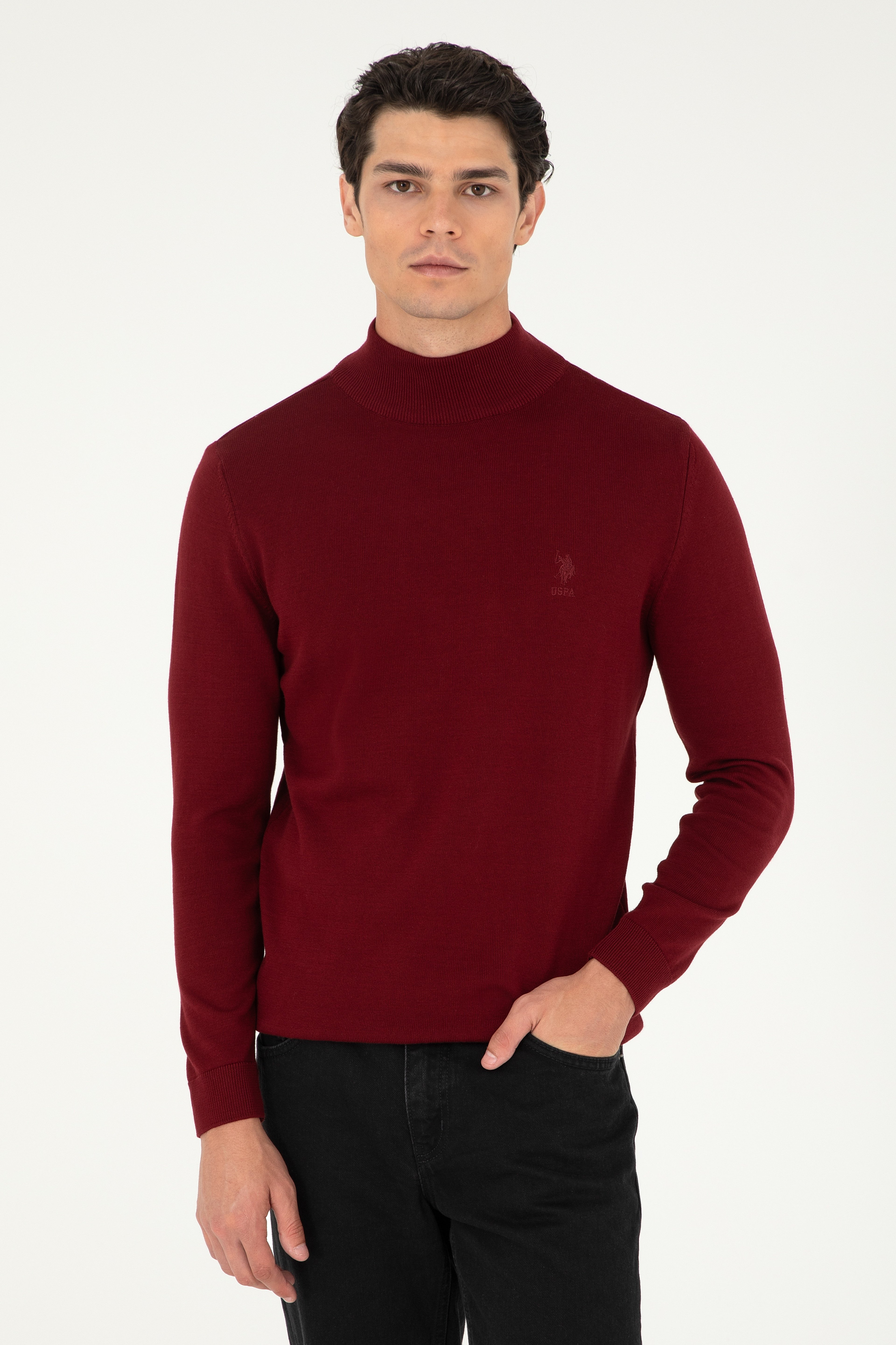 Erkek Slim Fit Yarım Boğazlı Bordo Basic Kazak - Image 1