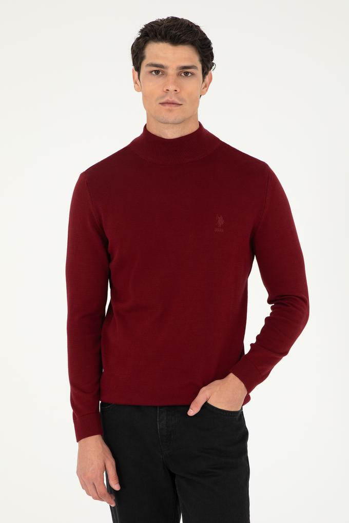Erkek Slim Fit Yarım Boğazlı Bordo Basic Kazak