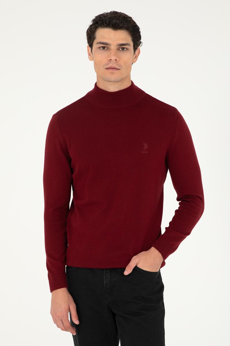 Erkek Slim Fit Yarım Boğazlı Bordo Basic Kazak