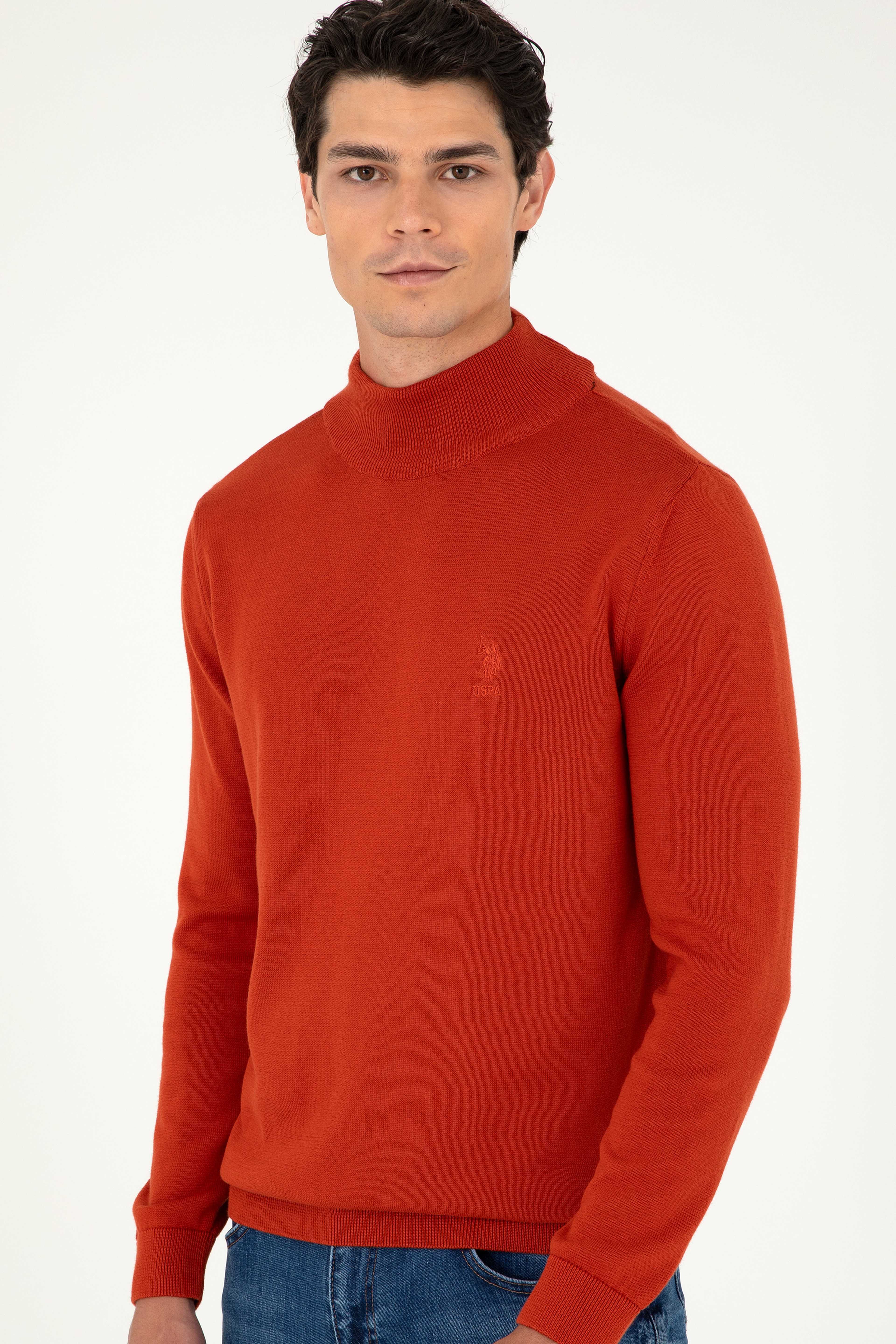 Erkek Slim Fit Yarım Boğazlı Kiremit Basic Kazak - Image 1