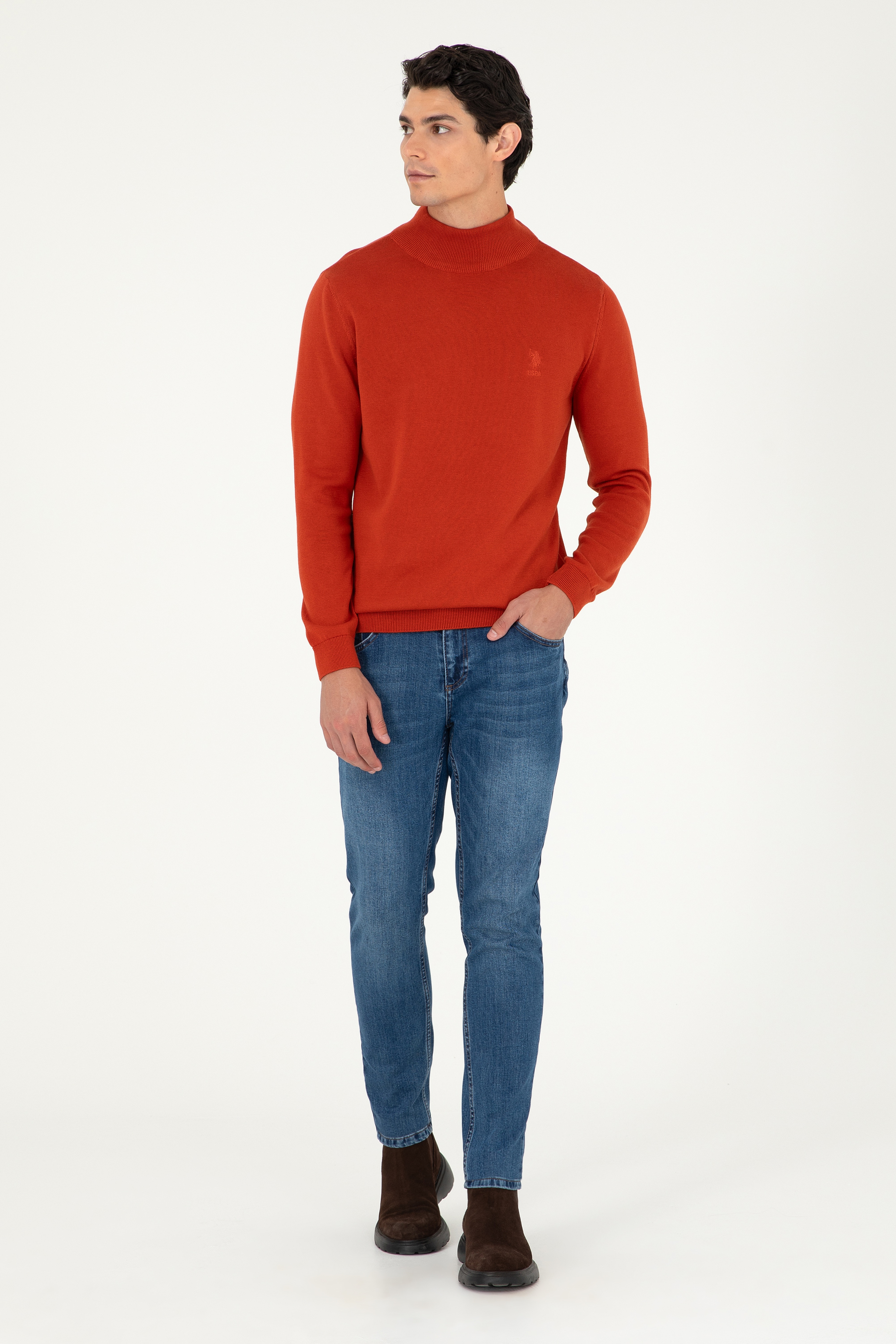 Erkek Slim Fit Yarım Boğazlı Kiremit Basic Kazak - Image 4