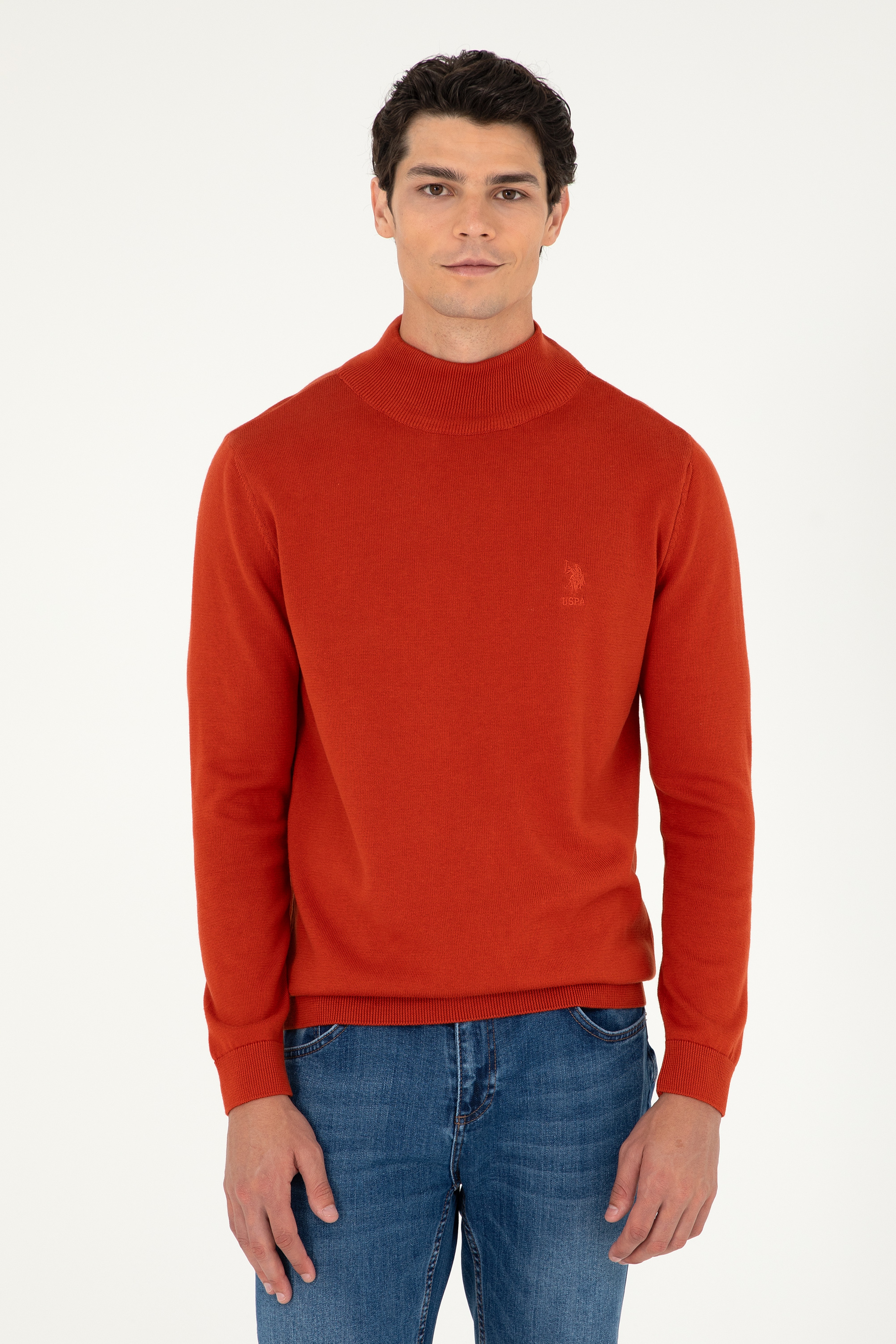 Erkek Slim Fit Yarım Boğazlı Kiremit Basic Kazak - Image 3