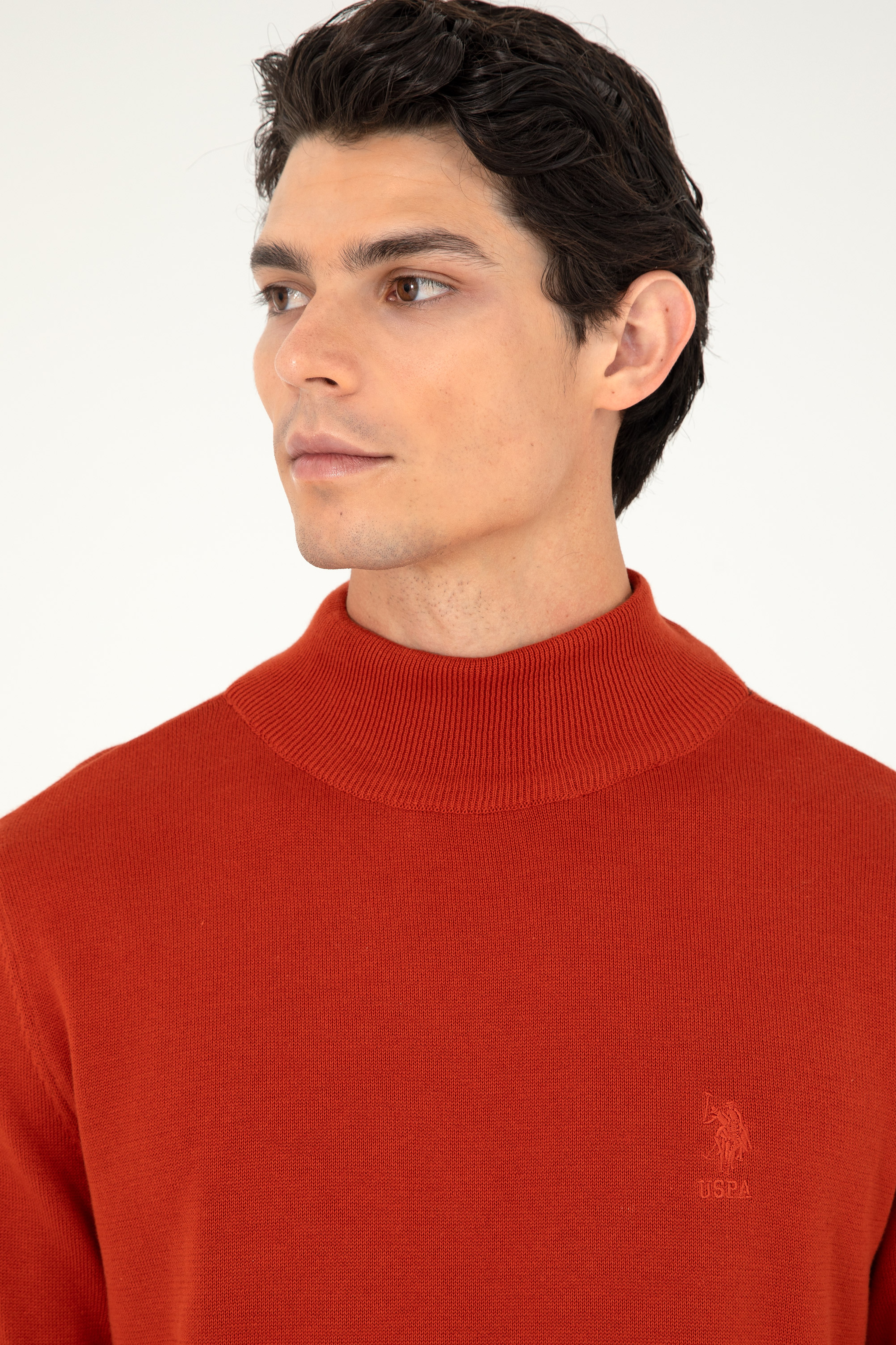 Erkek Slim Fit Yarım Boğazlı Kiremit  Basic Kazak