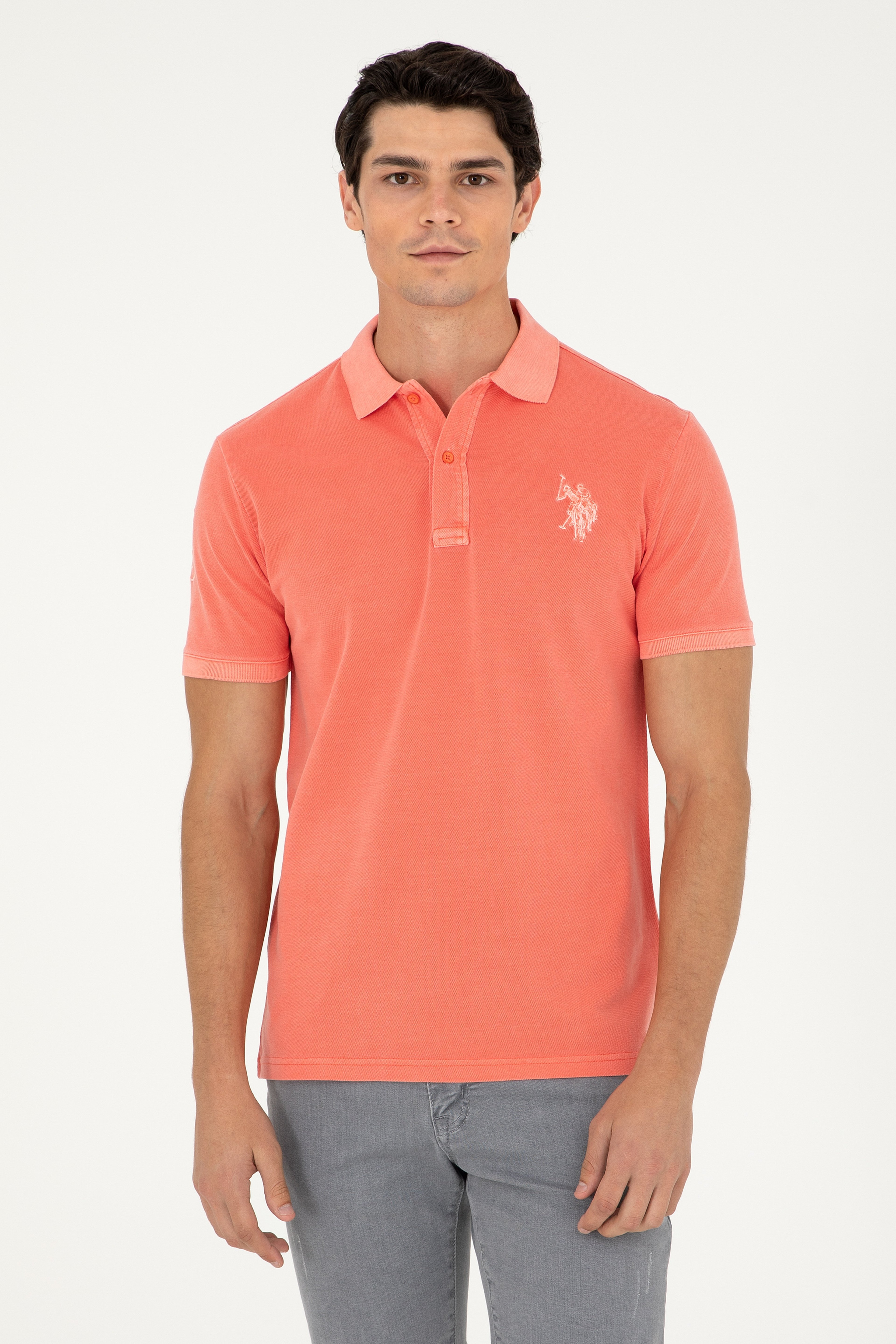 Erkek Slim Fit Polo Yaka Nar Çiçeği Basic Tişört - Image 1