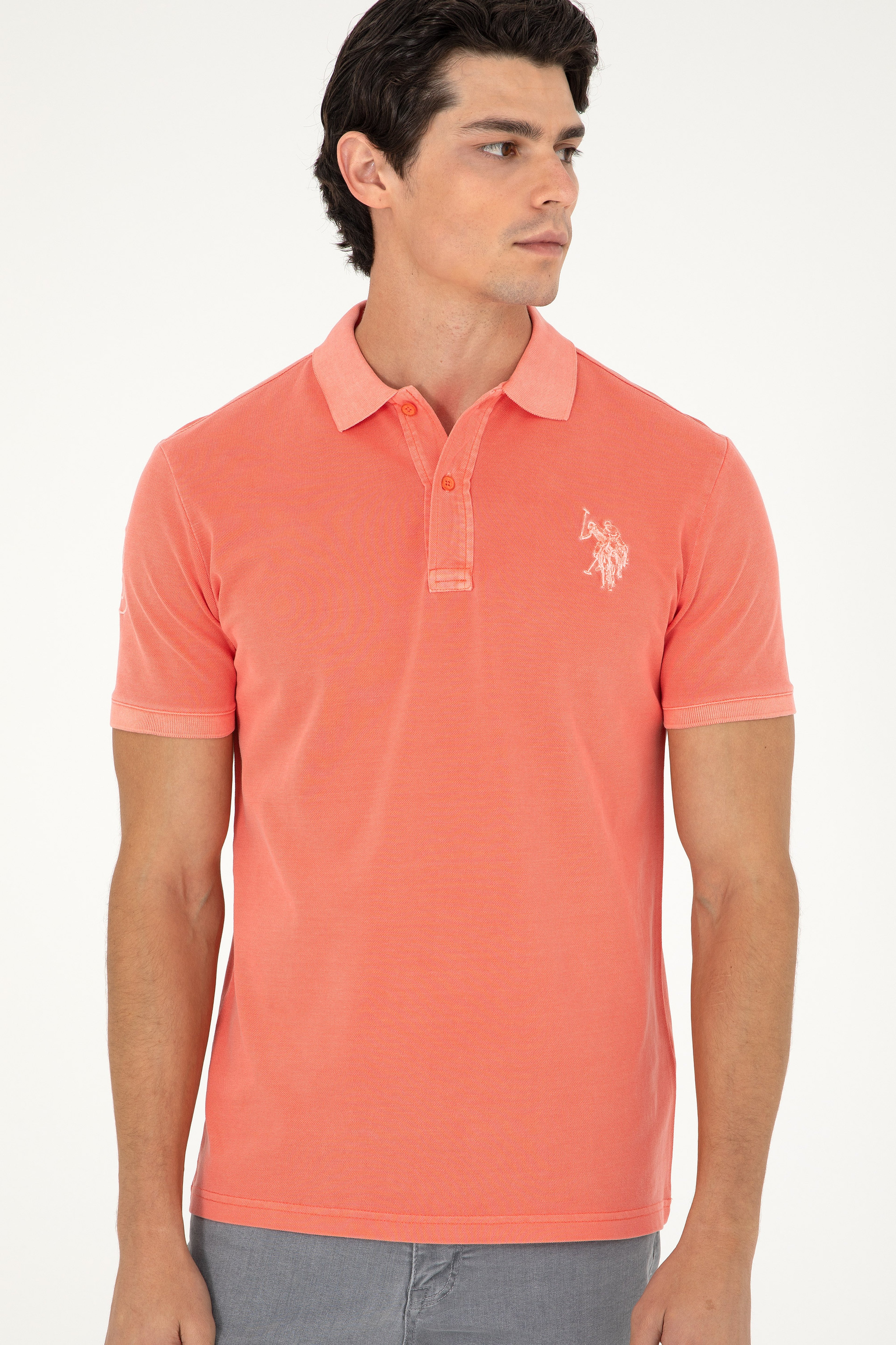 Erkek Slim Fit Polo Yaka Nar Çiçeği Basic Tişört - Image 3