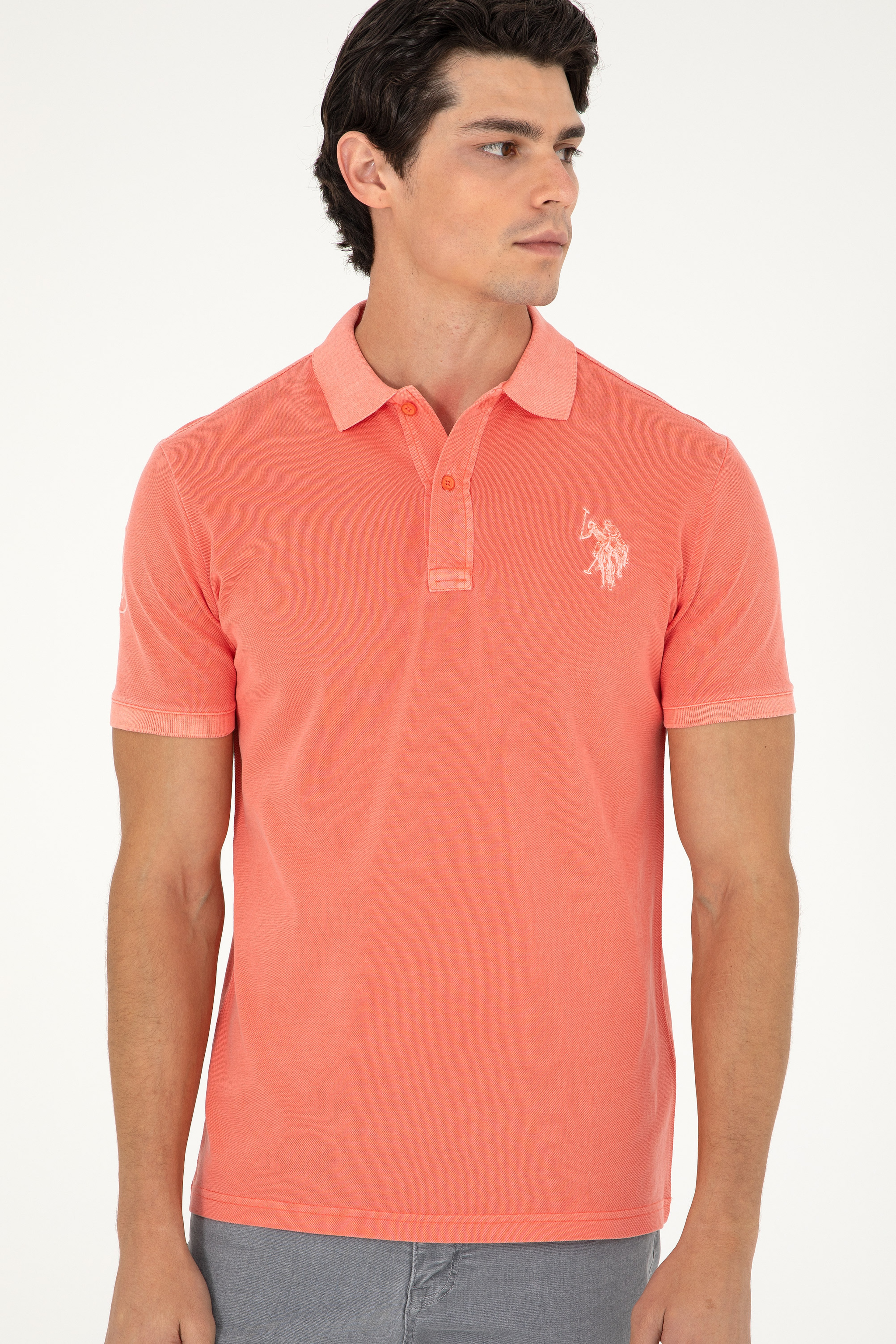 Erkek Slim Fit Polo Yaka Nar Çiçeği Basic Tişört