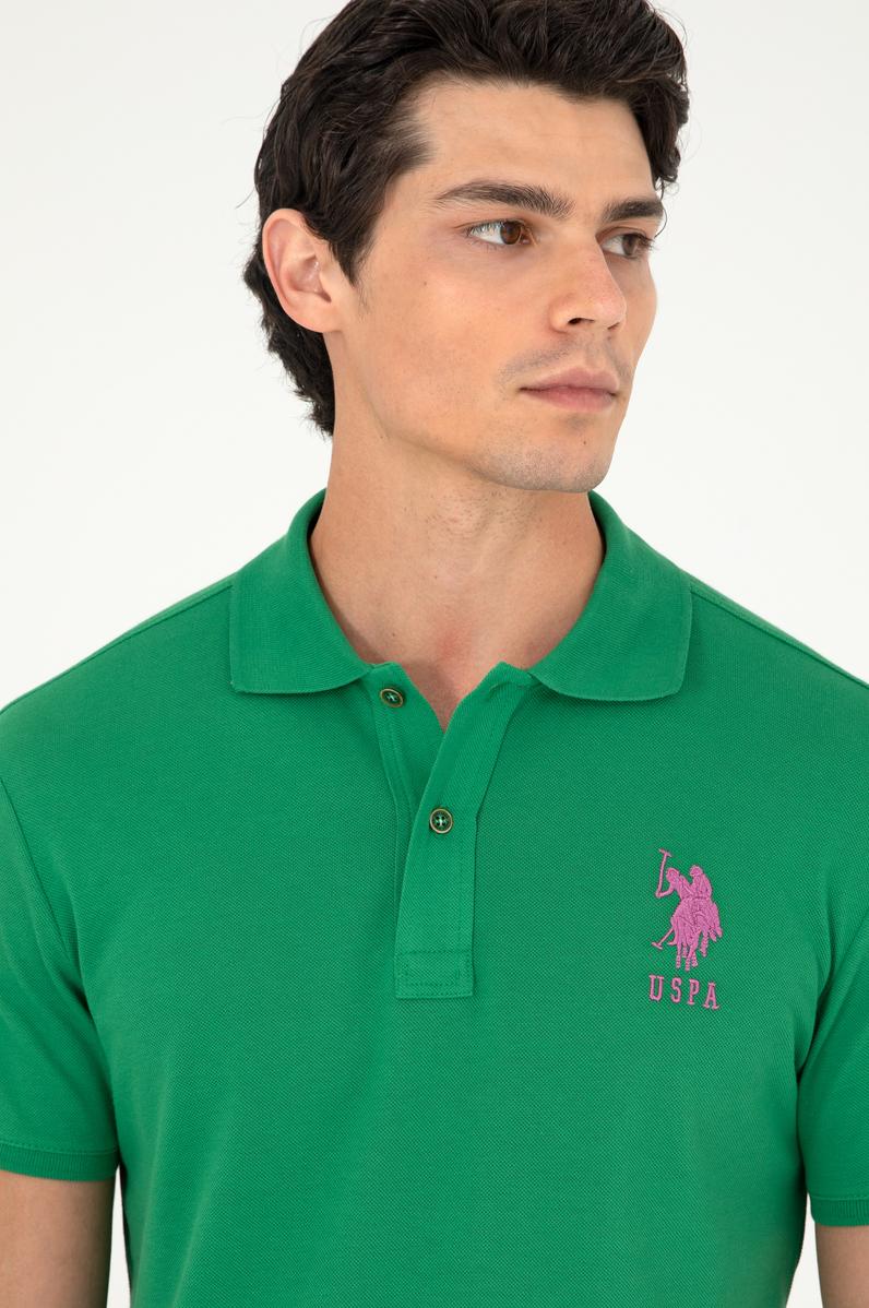Erkek Slim Fit Polo Yaka Yeşil Basic Tişört